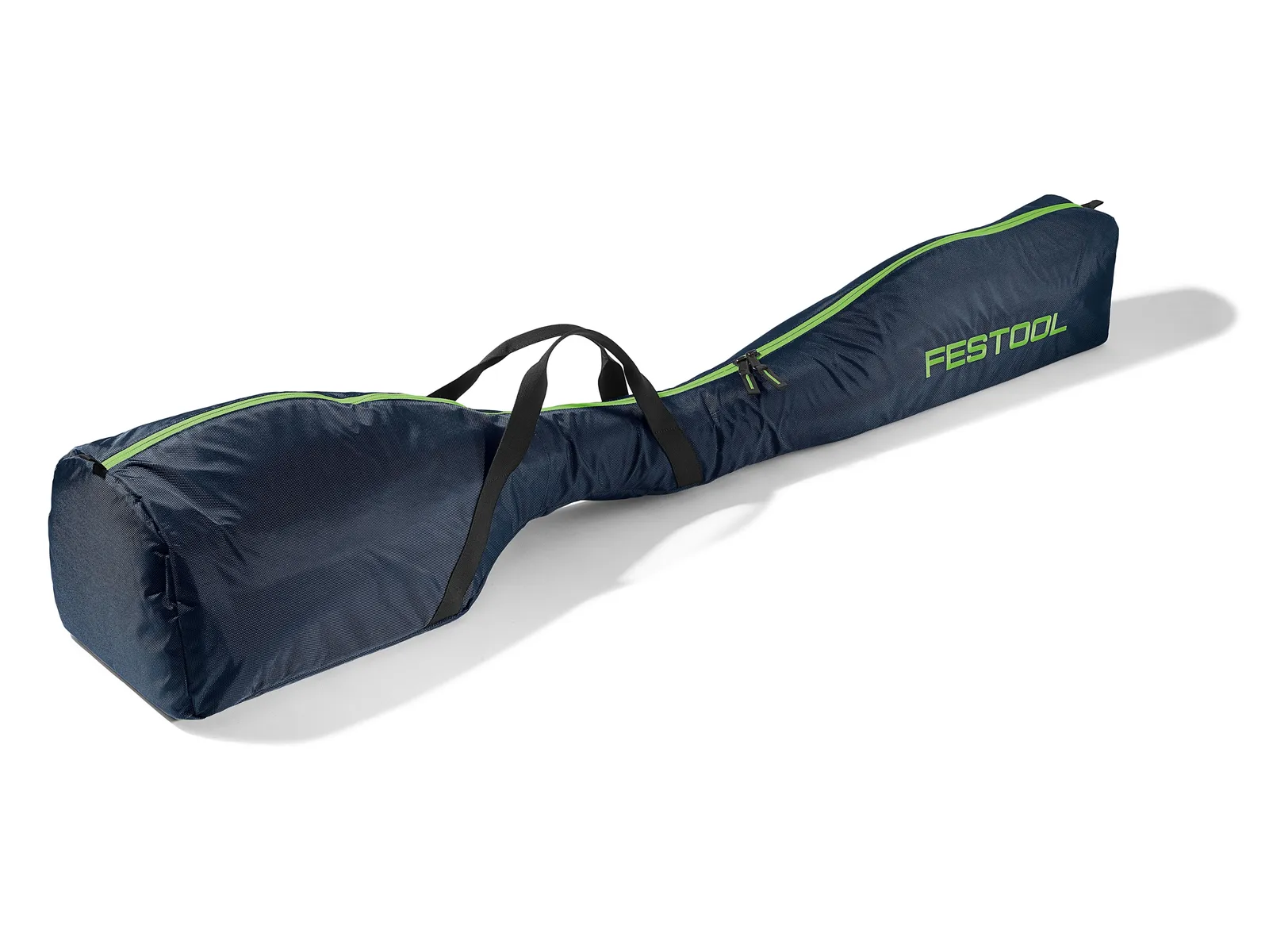 A long, navy blue Festool 204296 waste bag with black handles, green zipper accents, and a padded design for tool transport or waste.