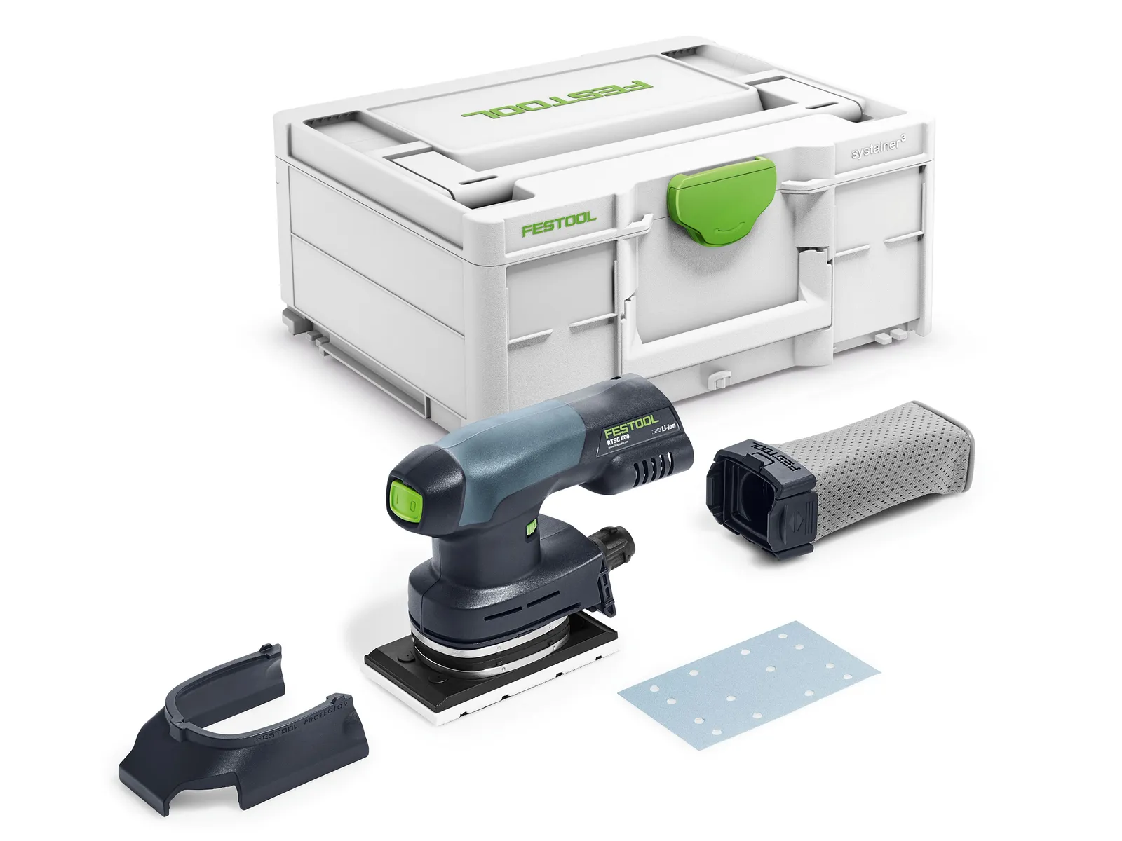 The Festool 577223 Cordless Drill TDC 18/4-Basic GB in black and green with dust filter, sanding sheet, accessories, and white case.