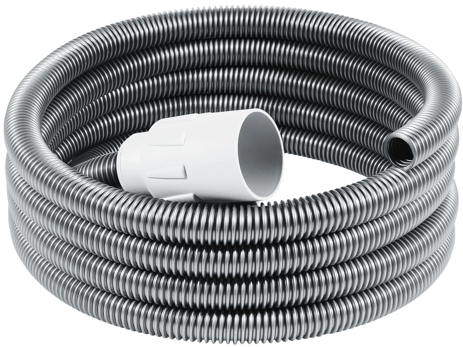 The Festool 204923 Suction hose D36/32x3,5m-AS/R is a coiled, flexible gray hose with a white connector on one end on white.