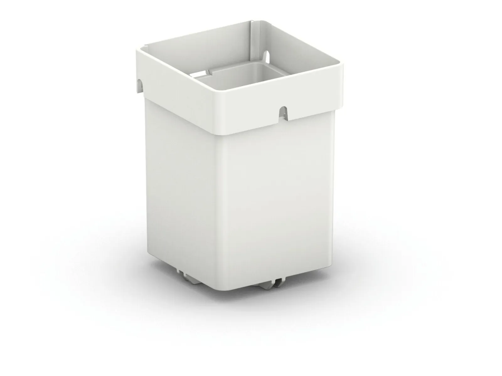 A white rectangular plastic bin with a wide rim and small wheels at the base, set against a plain white background.