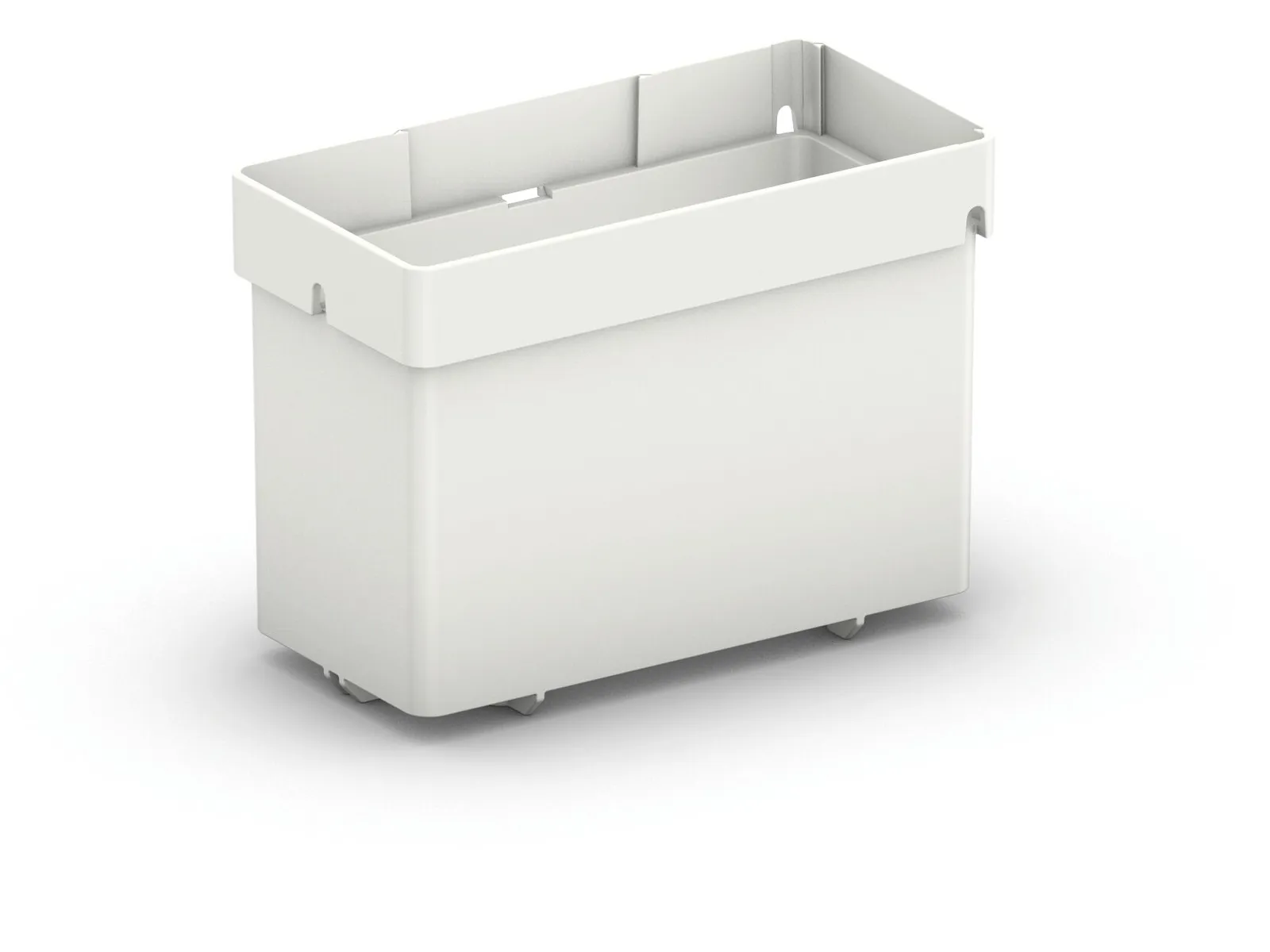 A rectangular white plastic storage bin with straight sides and small feet, displayed against a plain white background.