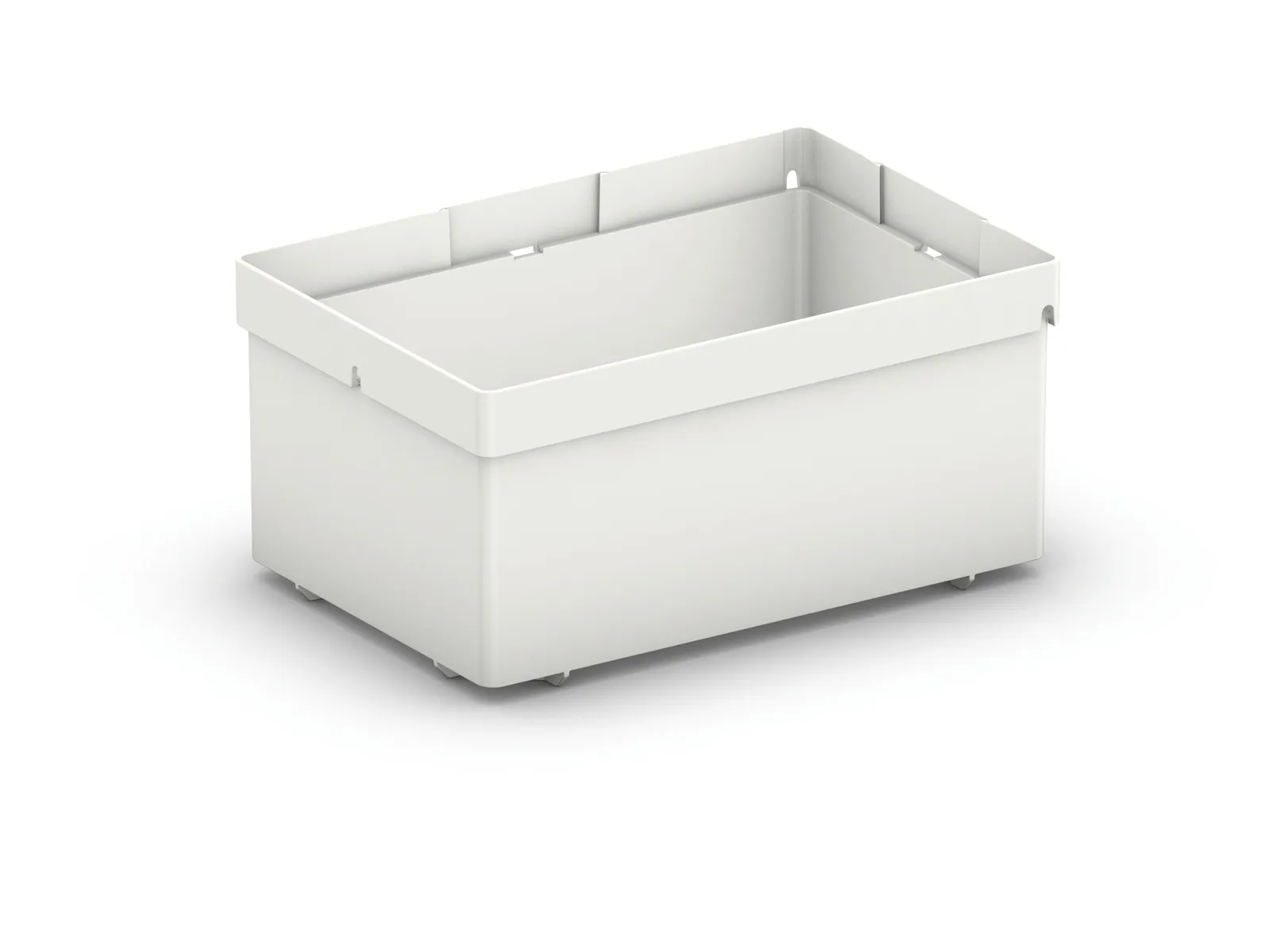 A plain, rectangular white plastic storage bin with slightly raised sides sits on a white background.