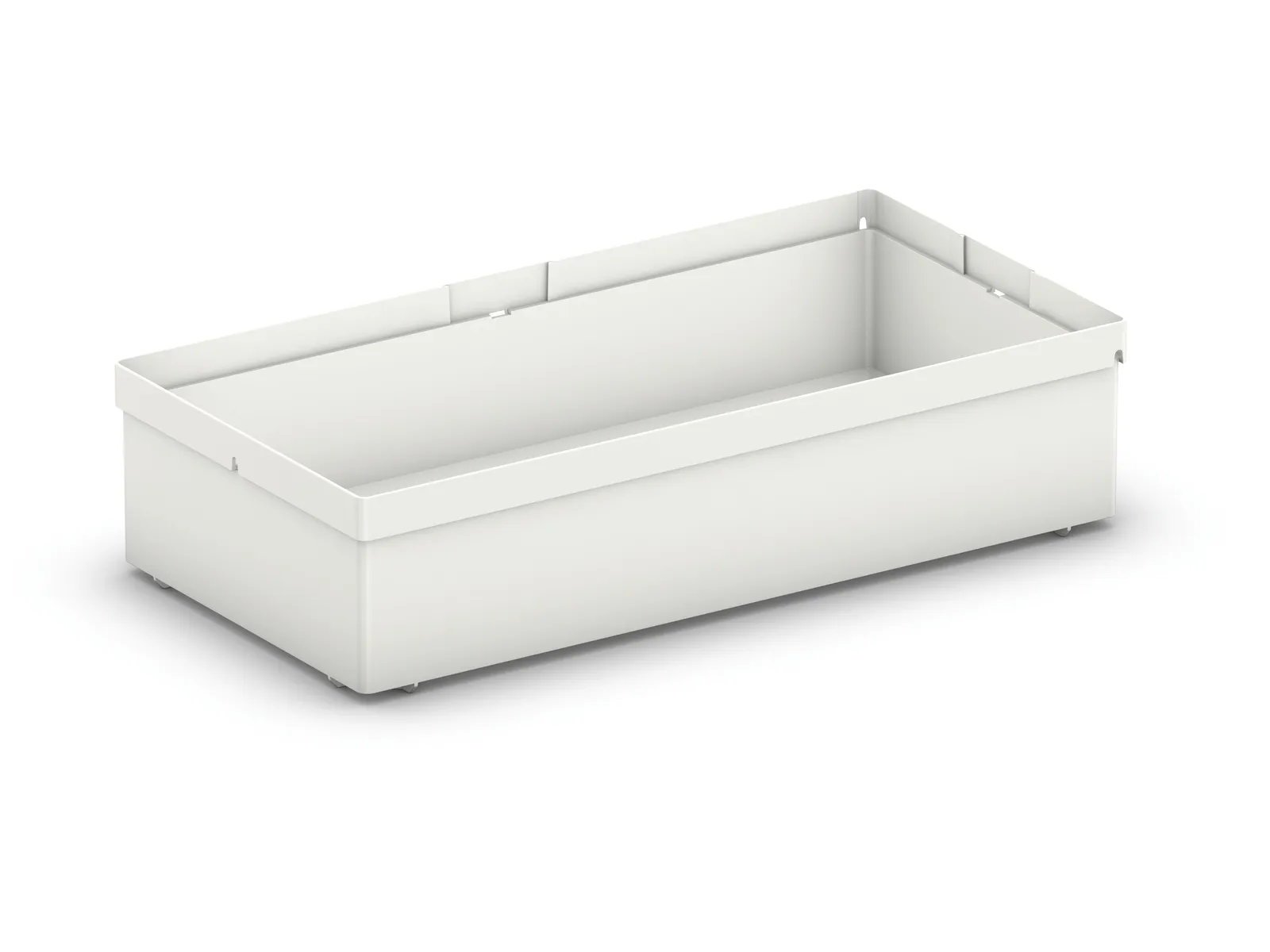 A rectangular white plastic storage bin with straight sides and no lid, set against a plain white background.
