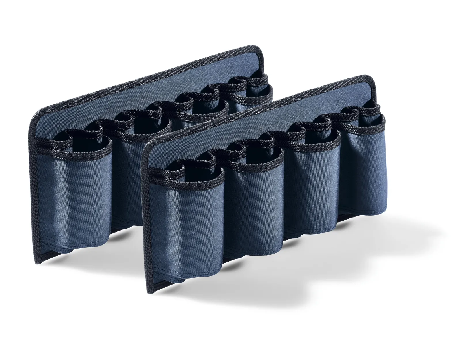 Two black fabric shotgun shell holders with elastic loops stand upright side by side on a white background.