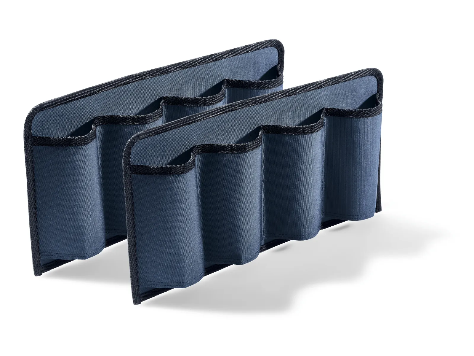 Two blue fabric organizers with four pockets each stand side by side against a white background, ideal for storing tools or accessories.