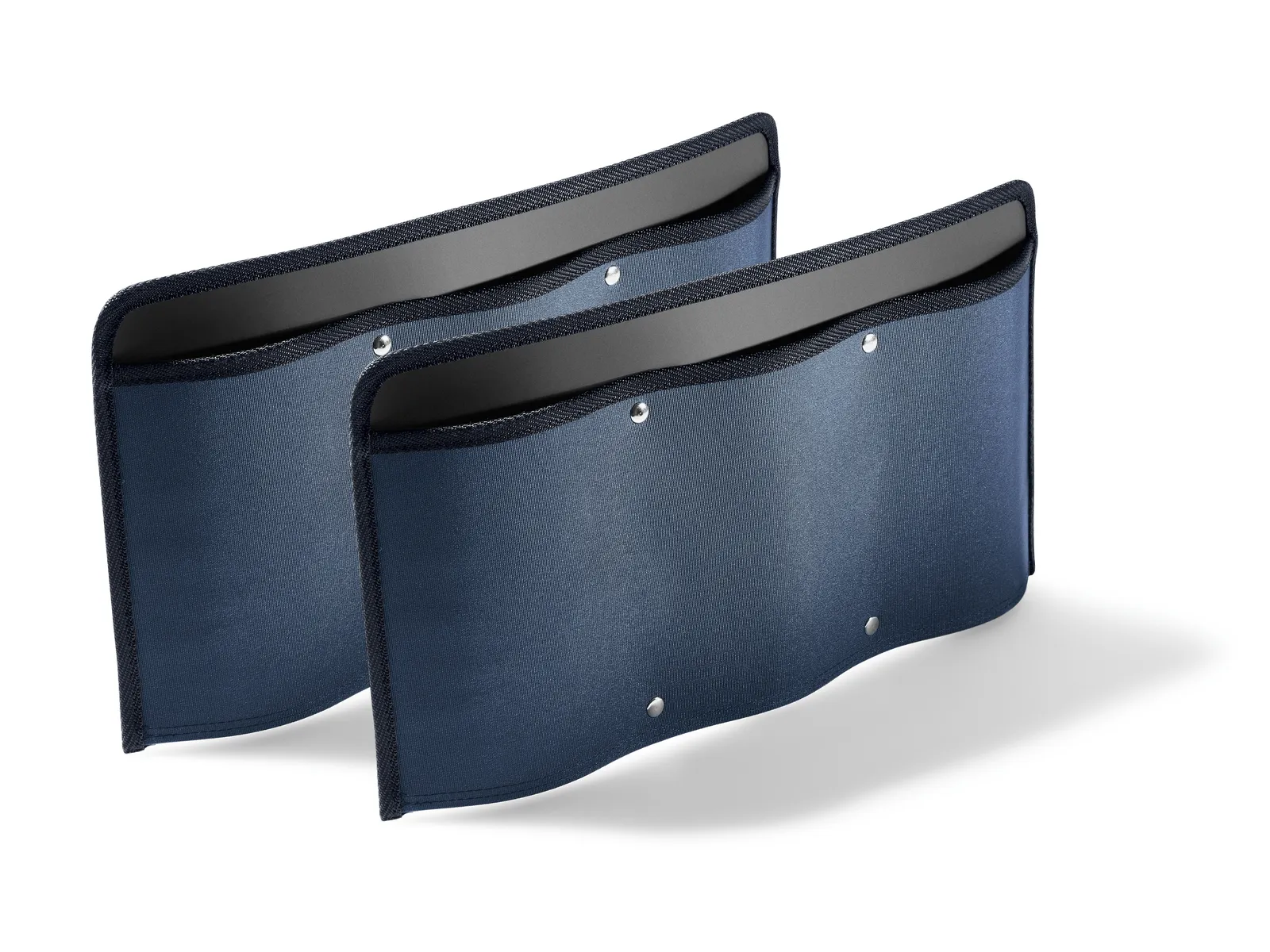 Two navy blue, curved fabric organizers with black trim and silver snap buttons stand side by side on a white background.