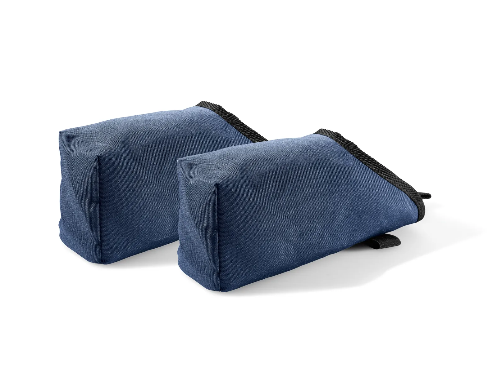 Two blue fabric-covered rectangular blocks with black straps on top are side by side on a white background, ideal for organizing accessories.