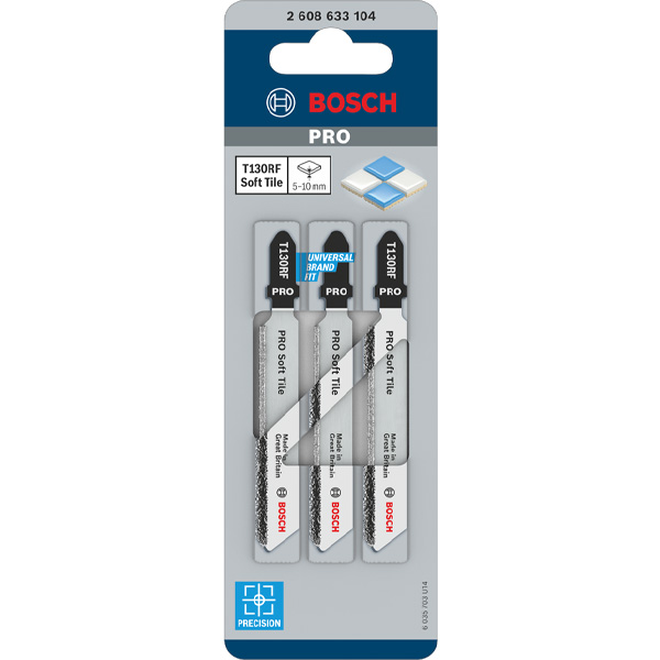 A three-pack of Bosch PK52608656021 recipro blades for soft tile in retail packaging, featuring Precision and Universal Brand Fit.