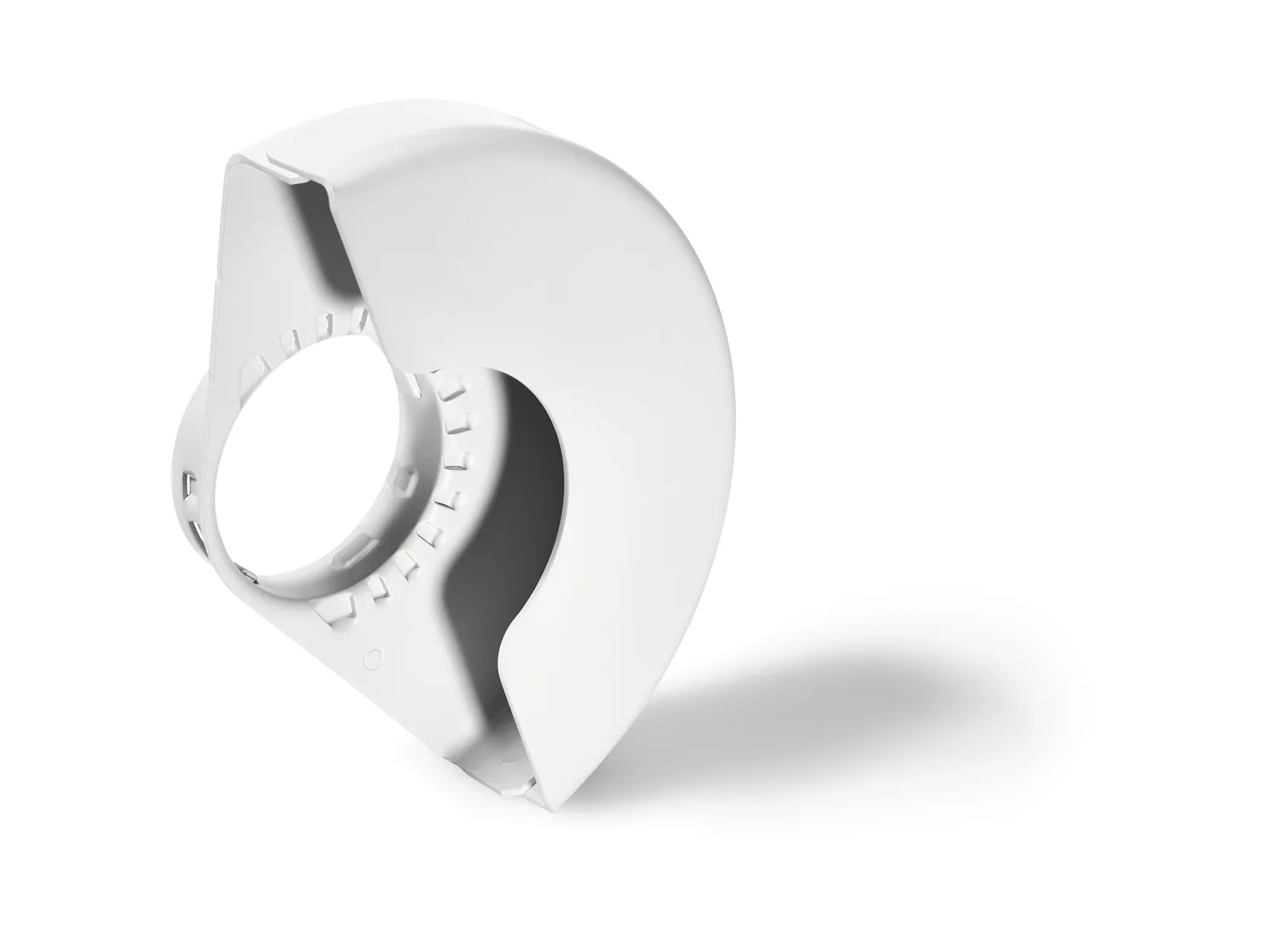 A white curved plastic tape dispenser with a circular opening and serrated edge sits on a white background with a soft right shadow.