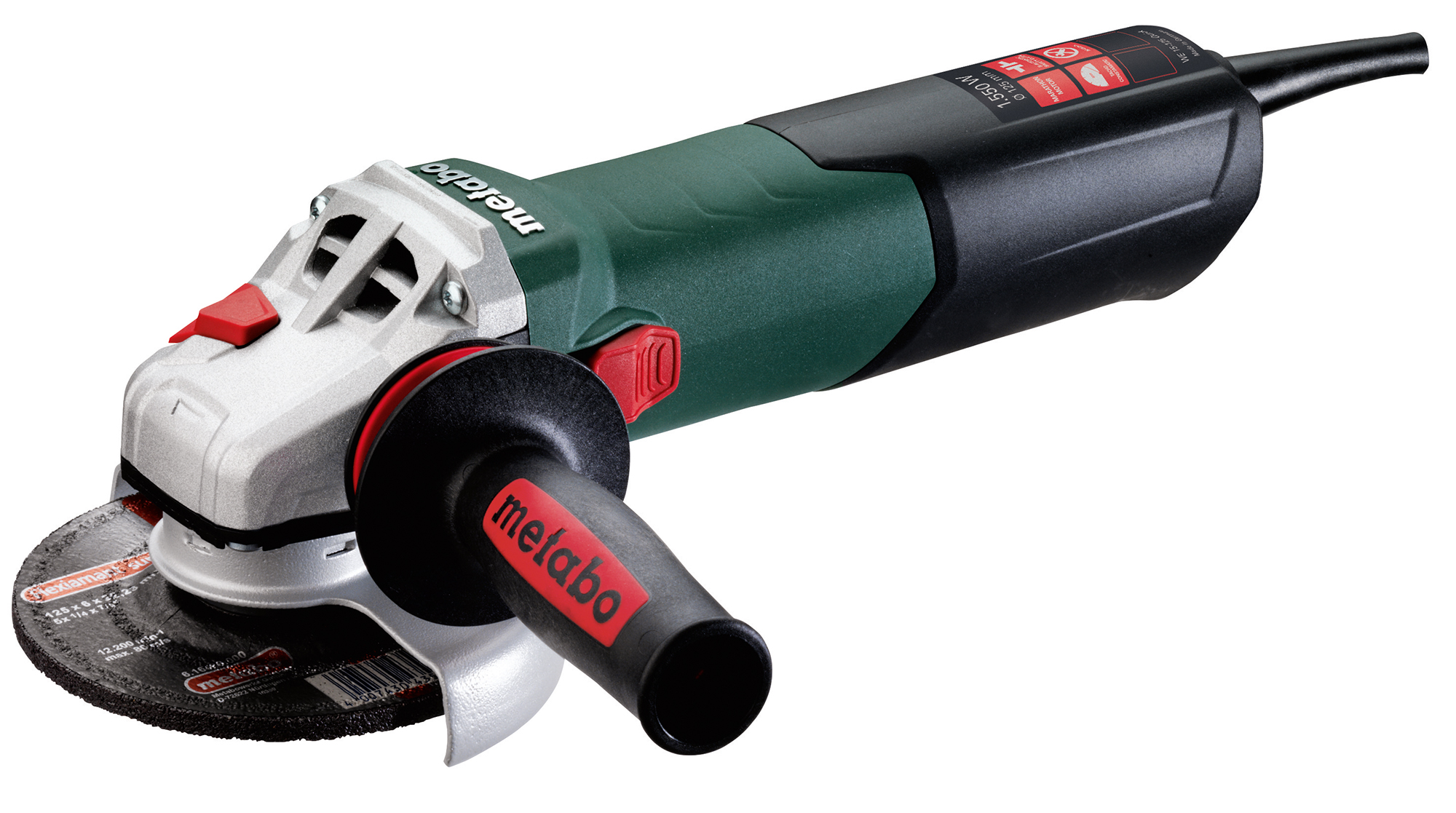 A handheld Metabo angle grinder with a green and black body, red accents, a side handle, and a circular cutting disc attached.