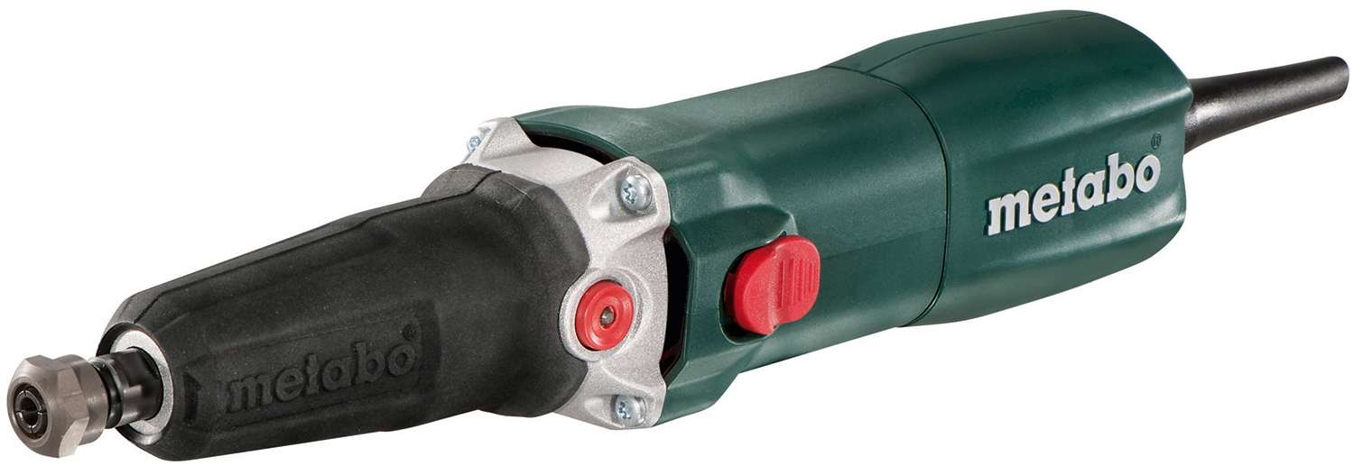 A green Metabo electric die grinder with a black rubber grip, red power switch, and a power cord attached at the end.