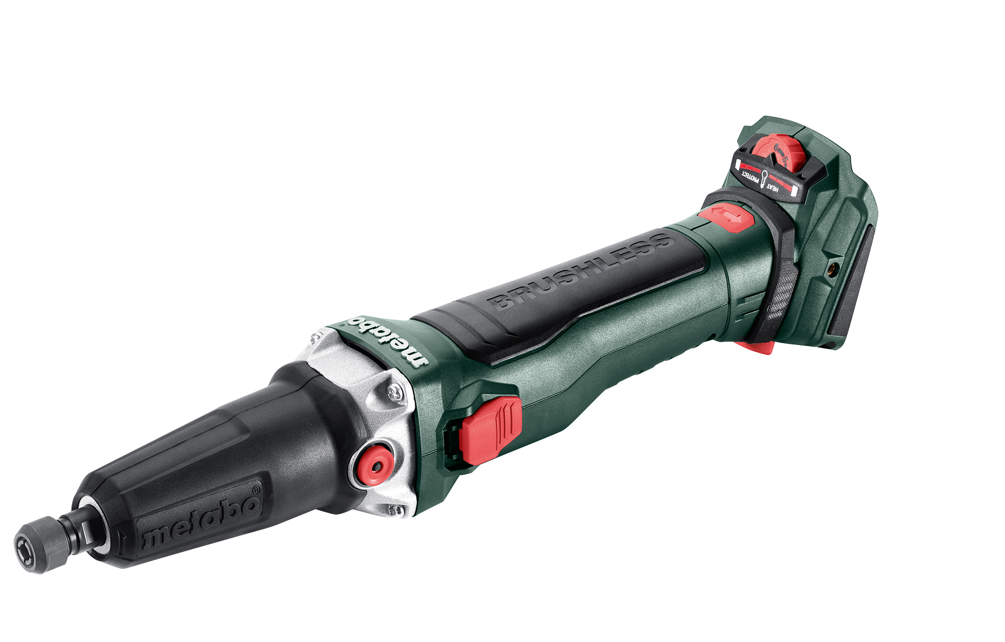 A green and black Metabo cordless brushless die grinder with a battery pack and red buttons, shown on a white background.