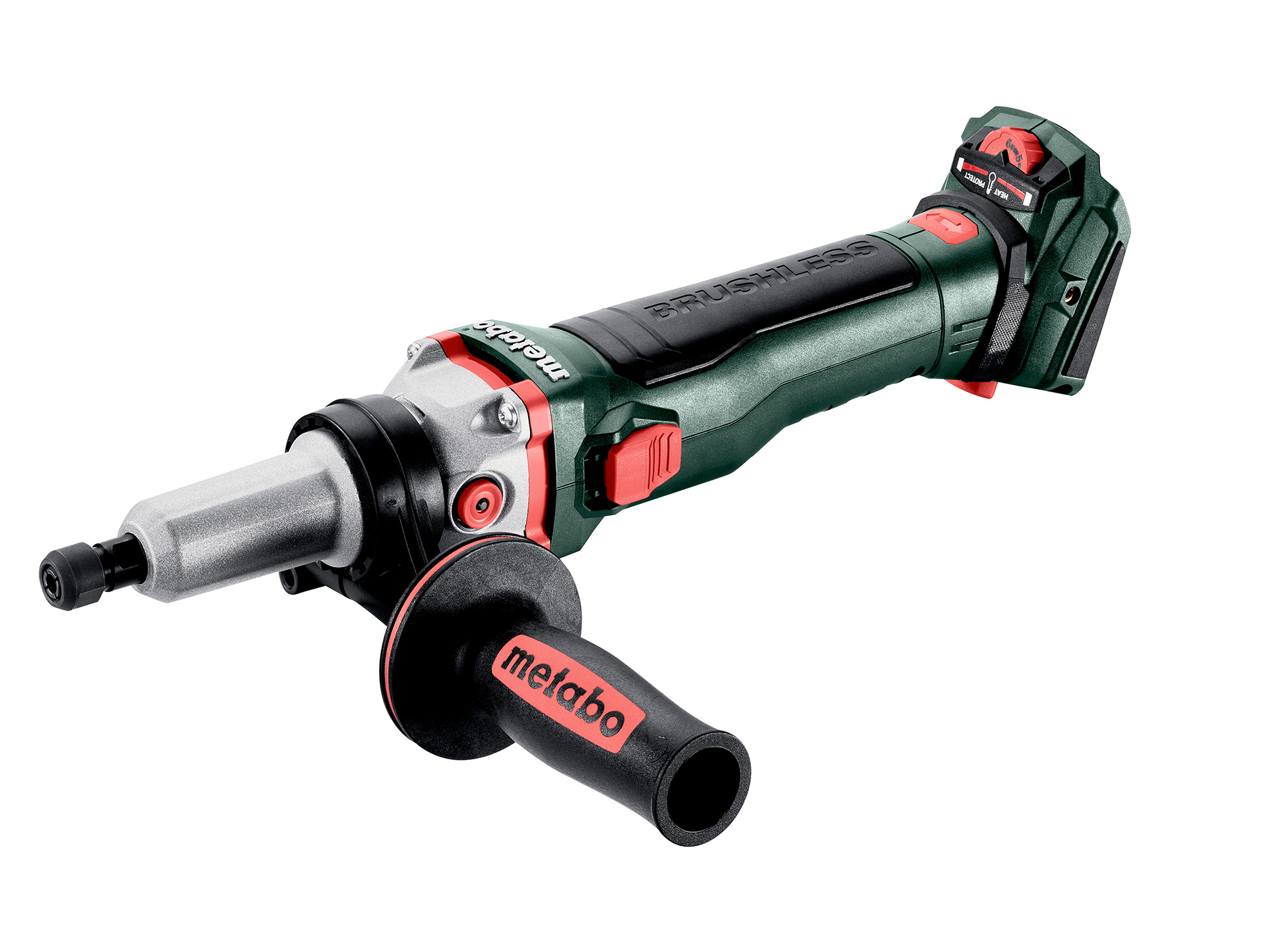 A cordless Metabo brushless die grinder with a side handle, green and black body, and red logo on the handle, on white background.