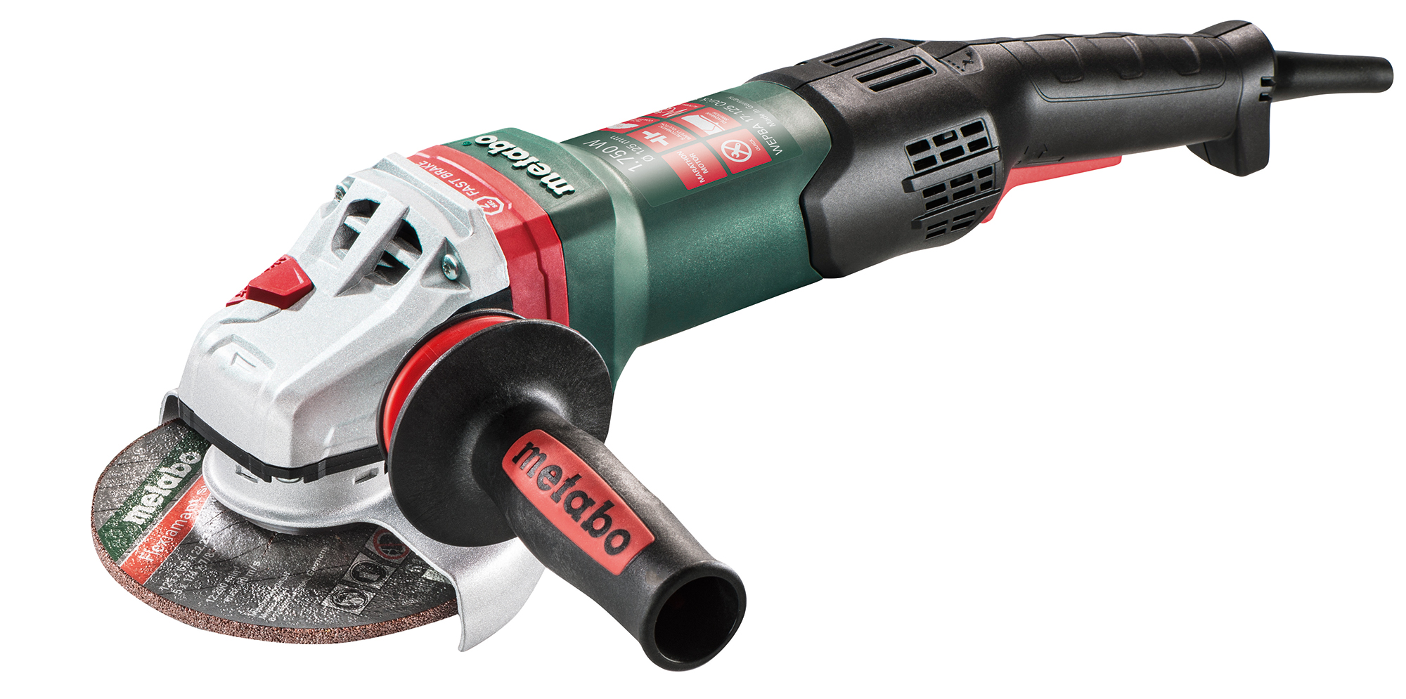 A Metabo handheld angle grinder with a black and red side handle, green and black body, and cutting disc on a white background.