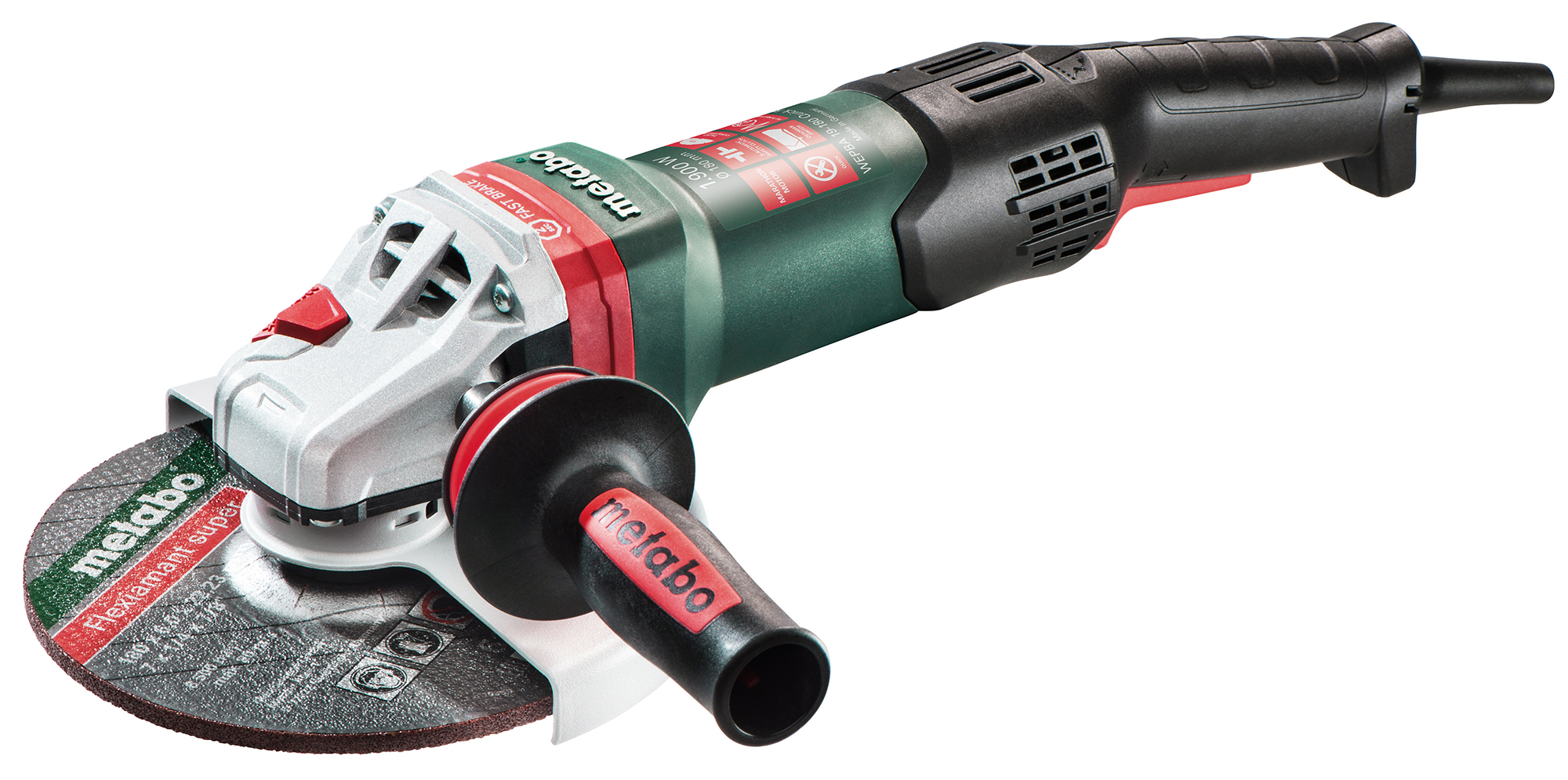 A green and black Metabo angle grinder with a side handle and cutting disc on a white background, showing branding and safety labels.