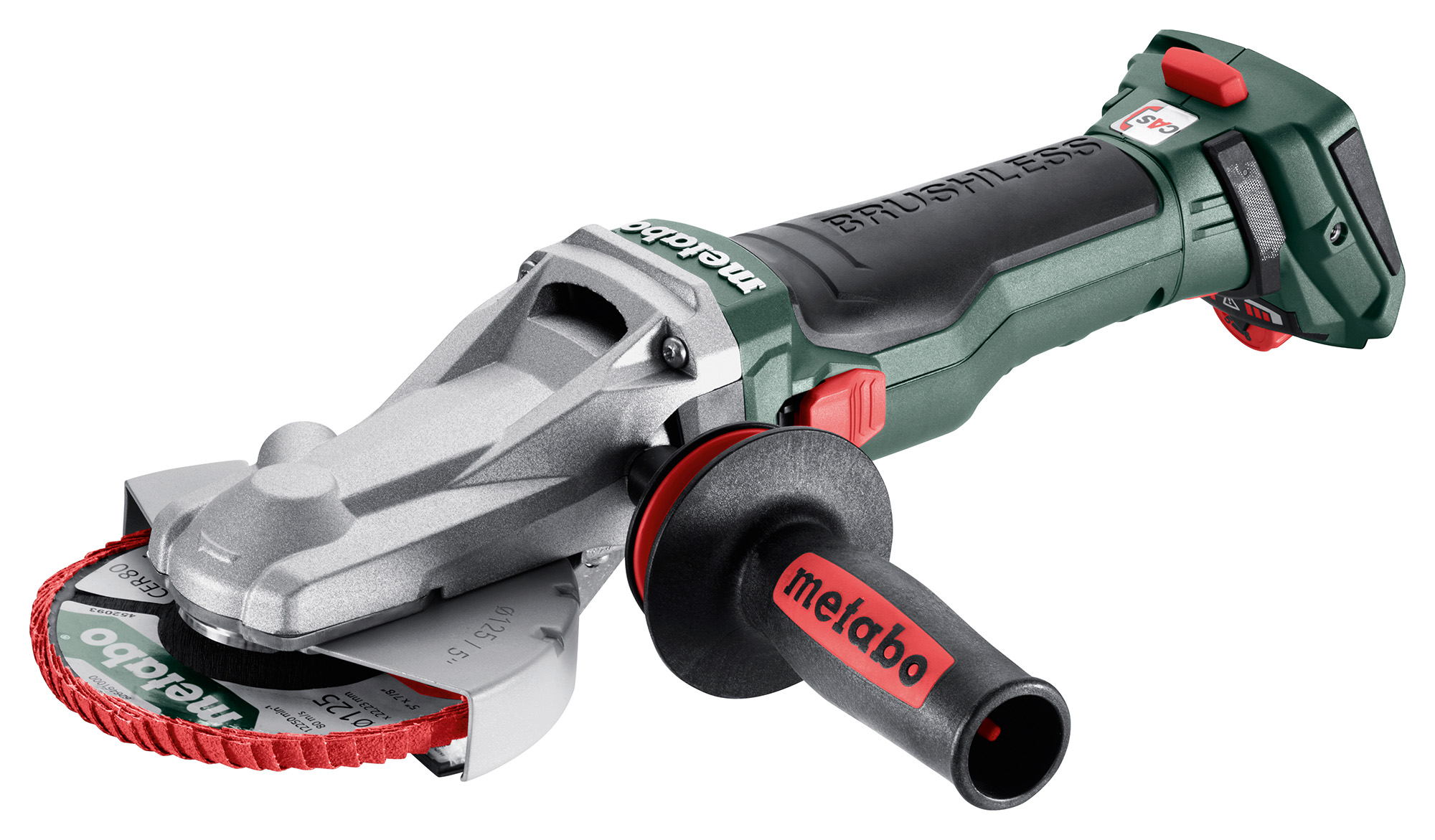 A cordless Metabo angle grinder with a red and black handle, a circular abrasive disc, and a green and silver body.