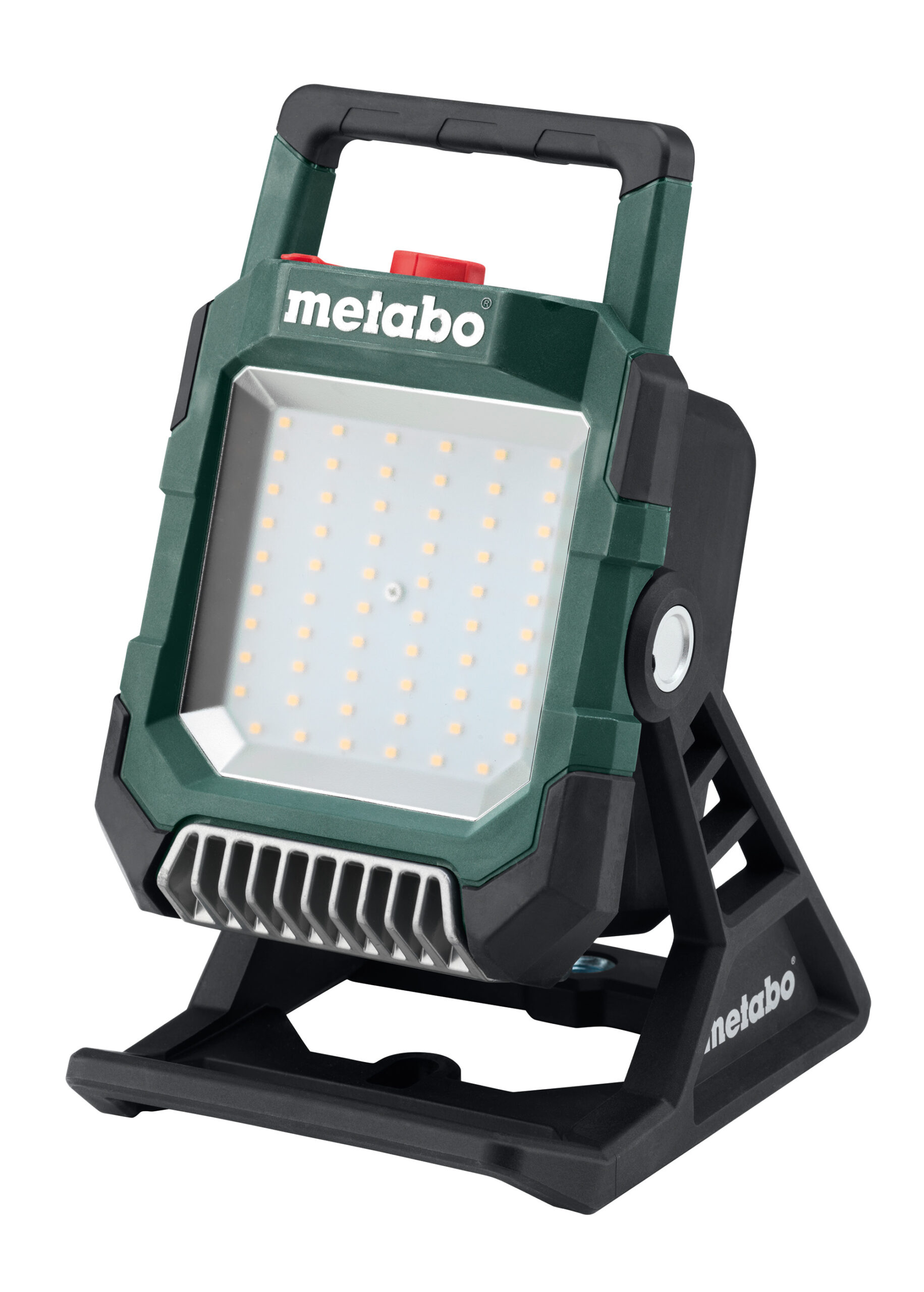 A portable Metabo LED work light with a green and black body, rectangular LED panel, and a sturdy adjustable stand.