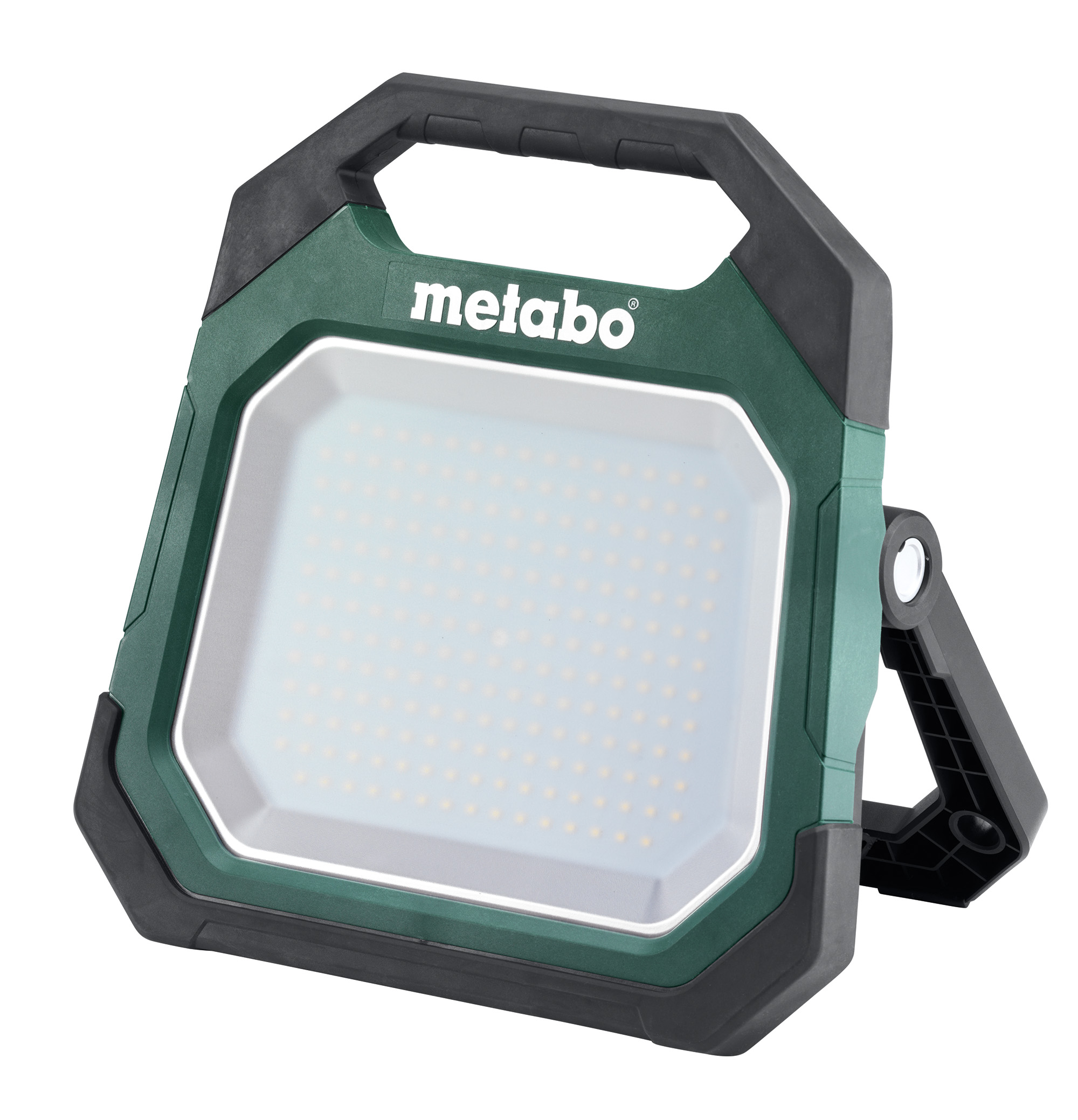 A portable Metabo LED work light with a green and black casing, sturdy handle, and adjustable stand for illuminating workspaces.