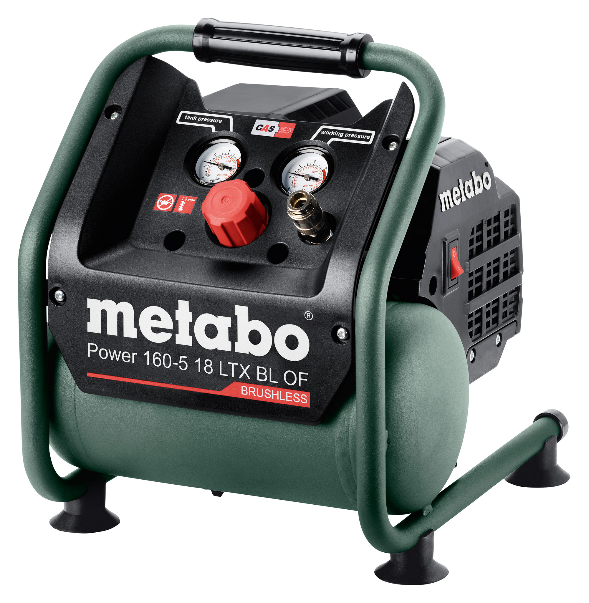A Metabo Power 160-5 18 LTX BL OF brushless portable air compressor with two gauges, red control knob, and metal frame on white.