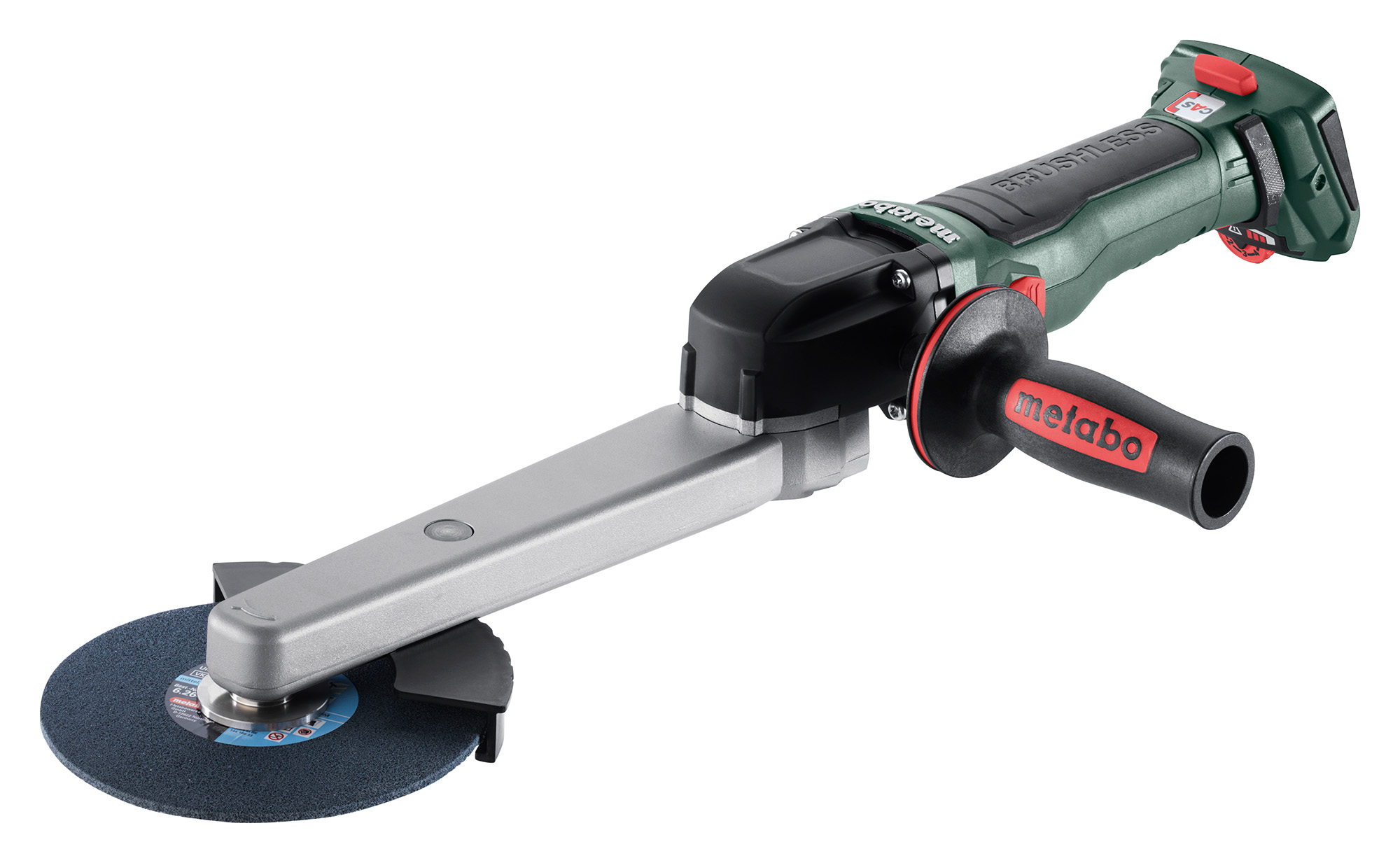 A cordless angle grinder with a green and black body, red accents, a side handle, and a circular grinding disc attached at the end.
