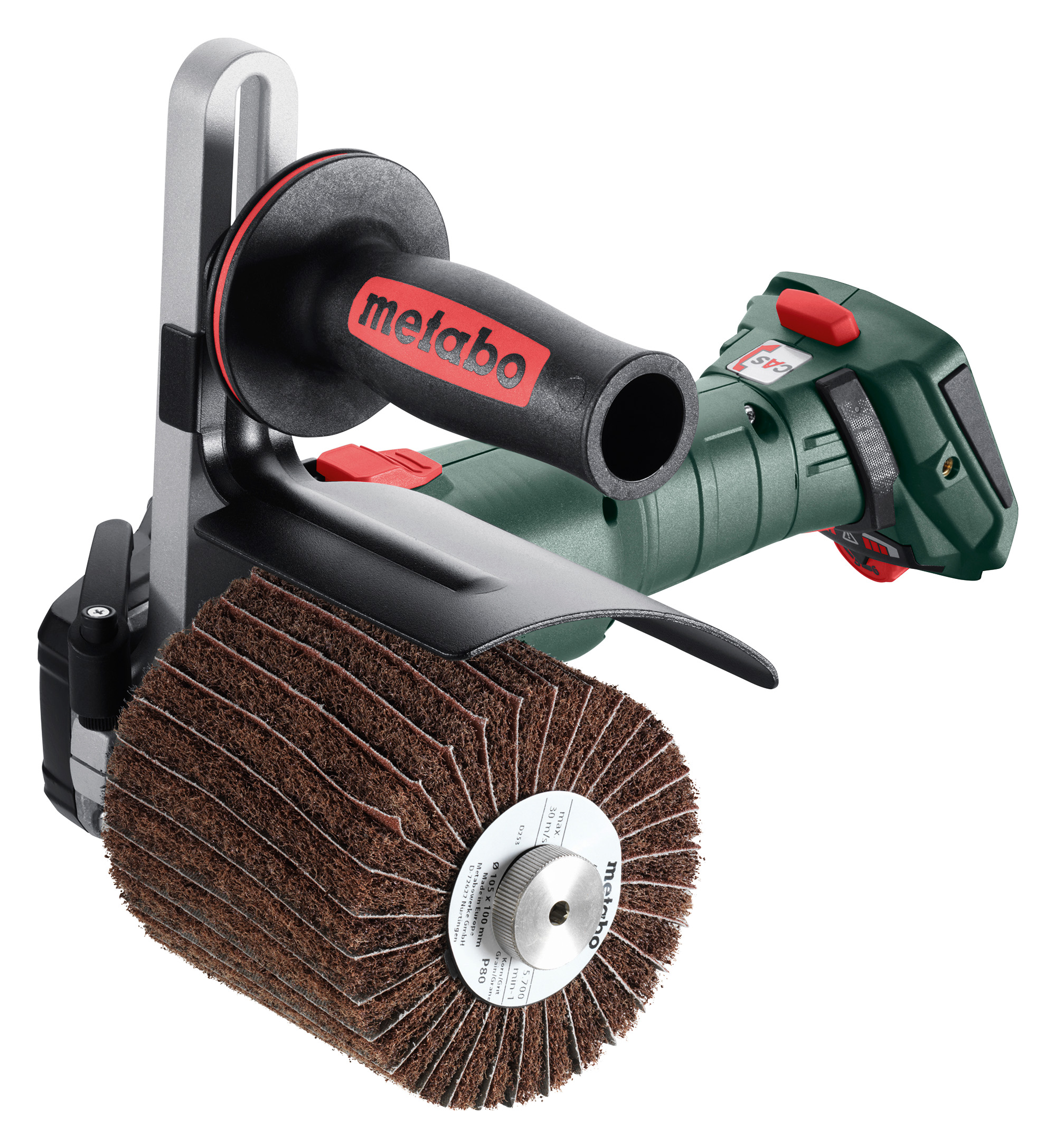 A cordless Metabo power tool with a large cylindrical abrasive wheel, green body, black handle, and visible branding.