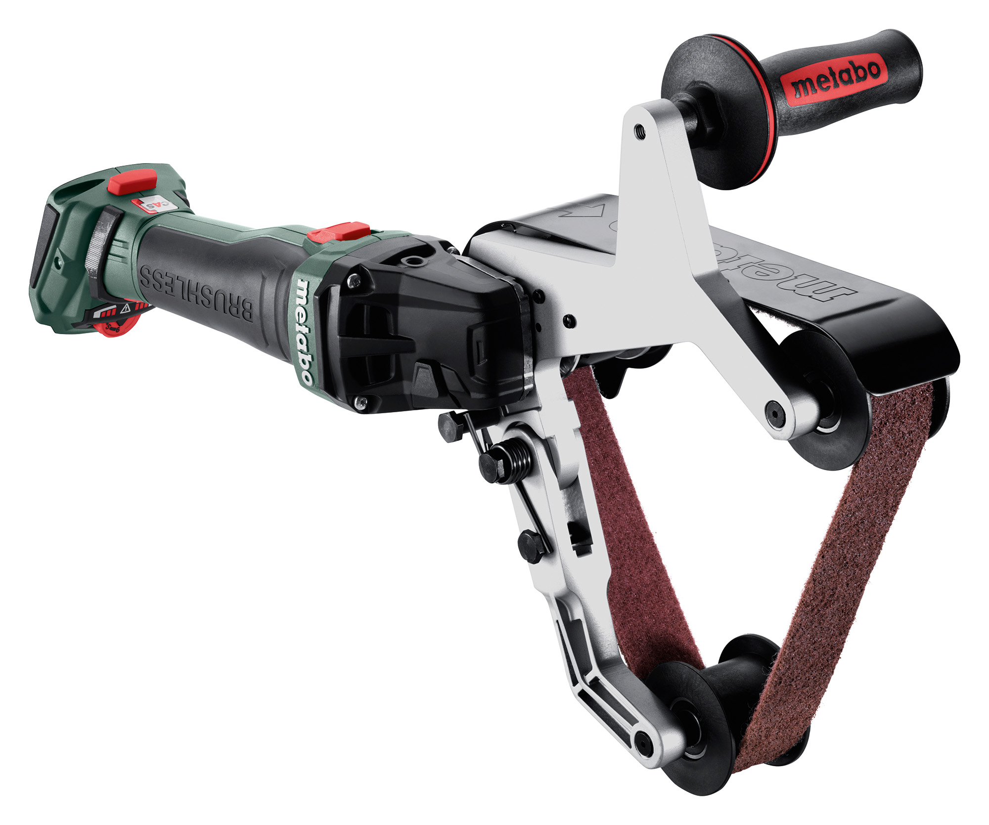 A green and black handheld electric power tool with a red and black handle and a sandpaper belt attachment for sanding surfaces.