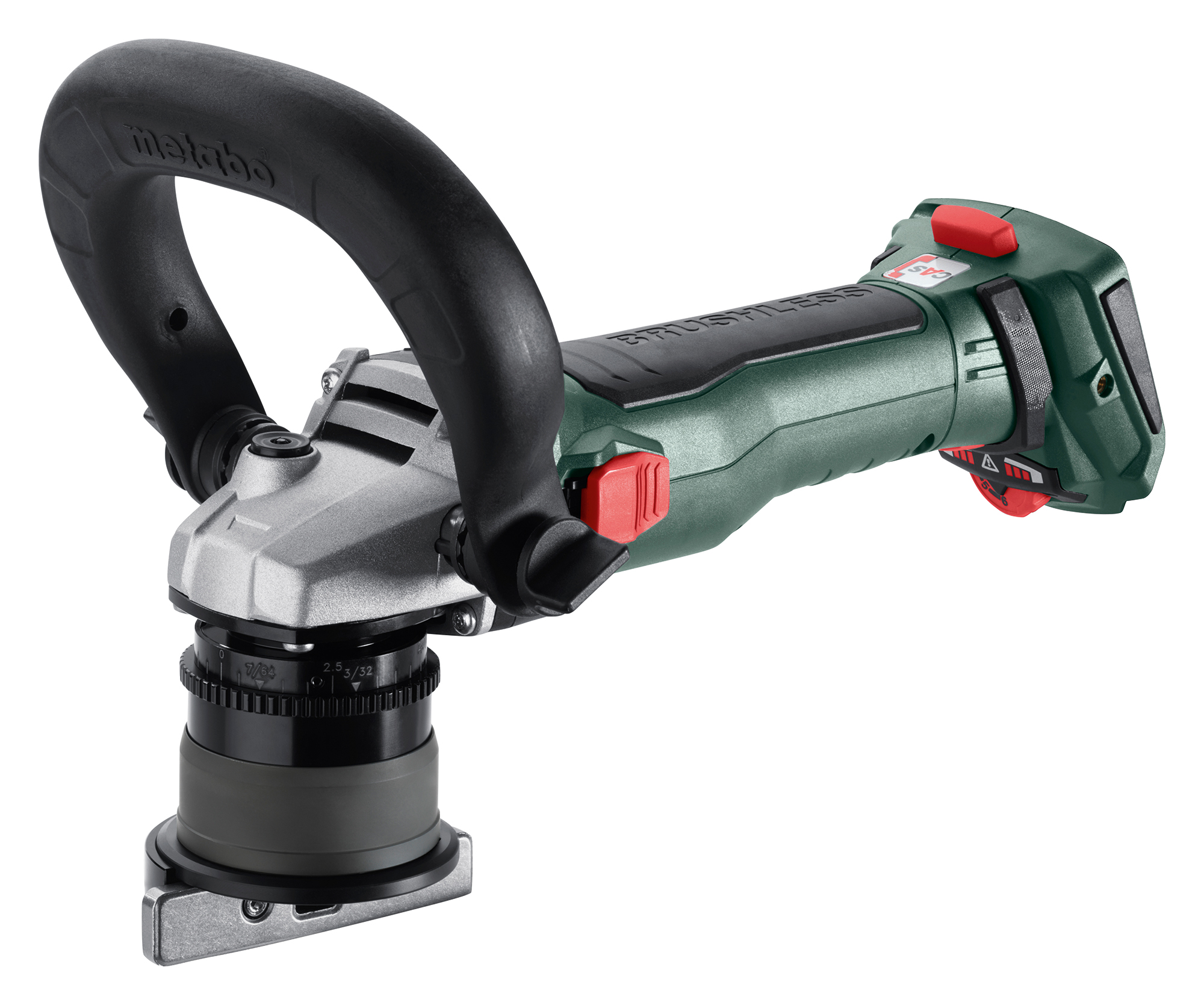 A green and black cordless power tool with a large handle, adjustment knobs, rotating base, red accents, and a sturdy build.