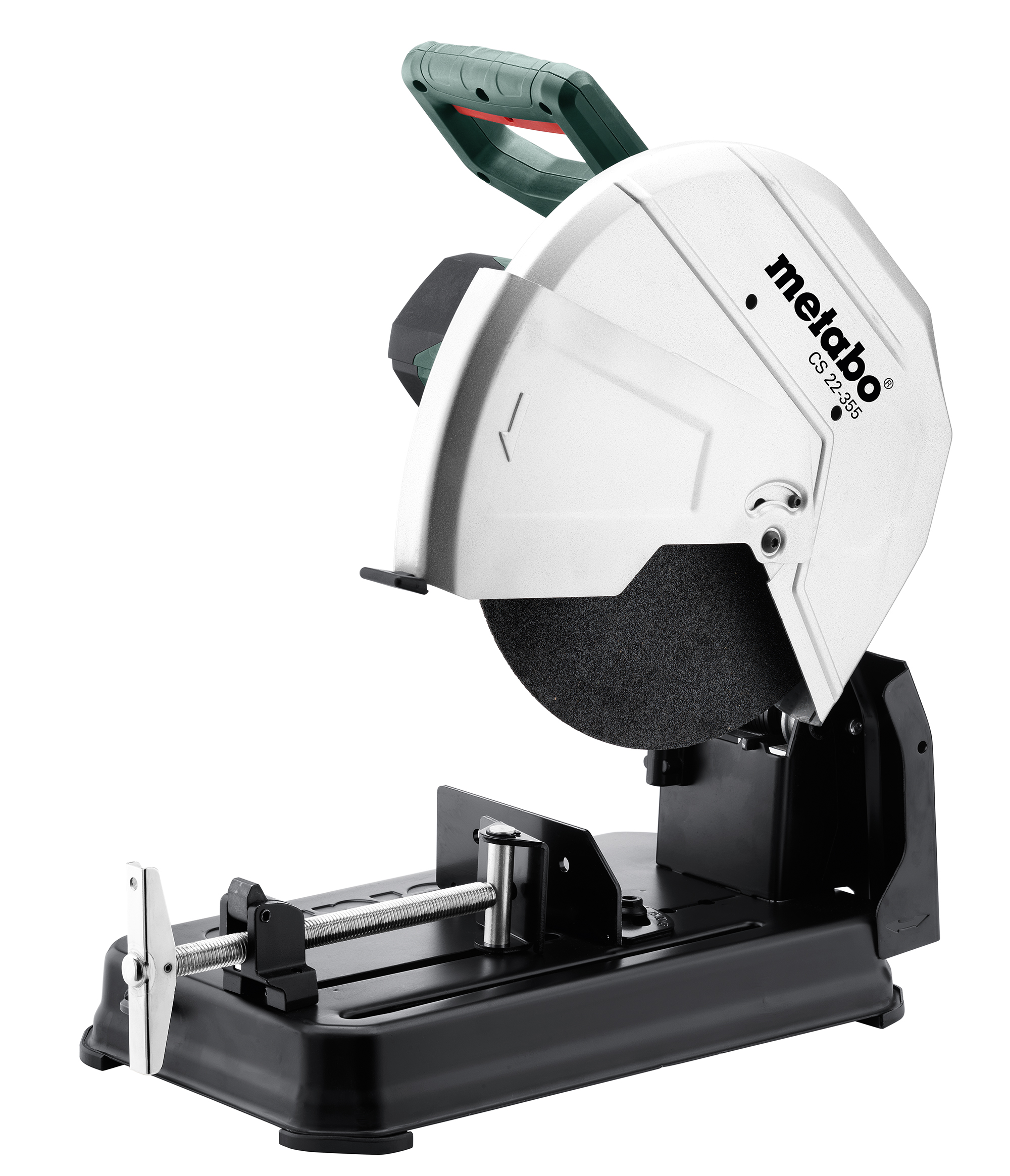 A metal-cutting chop saw with a circular abrasive blade, on a black base with an adjustable clamp and top handle, branded Metabo.