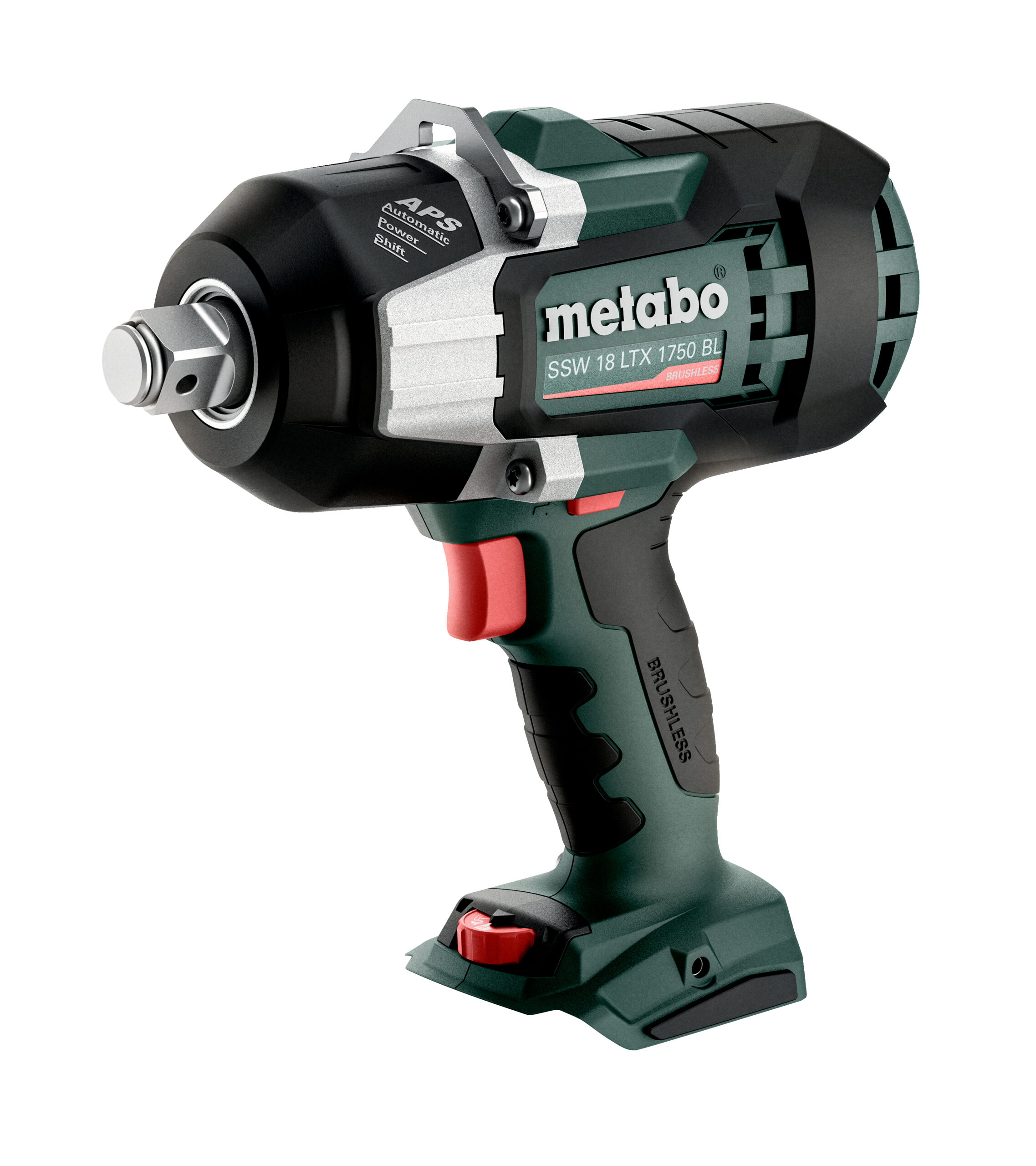 A Metabo cordless impact wrench with a black, silver, and green body and red trigger, featuring a sturdy, ergonomic design.