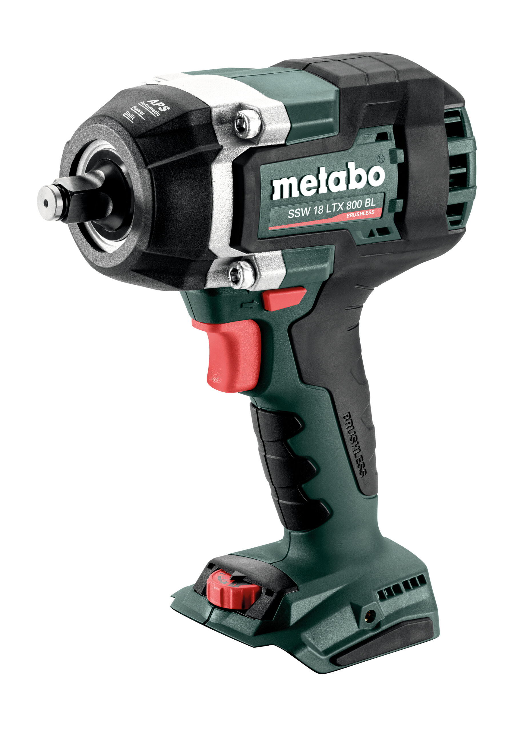 A green and black Metabo cordless impact wrench with a red trigger and silver accents, displayed upright on a white background.