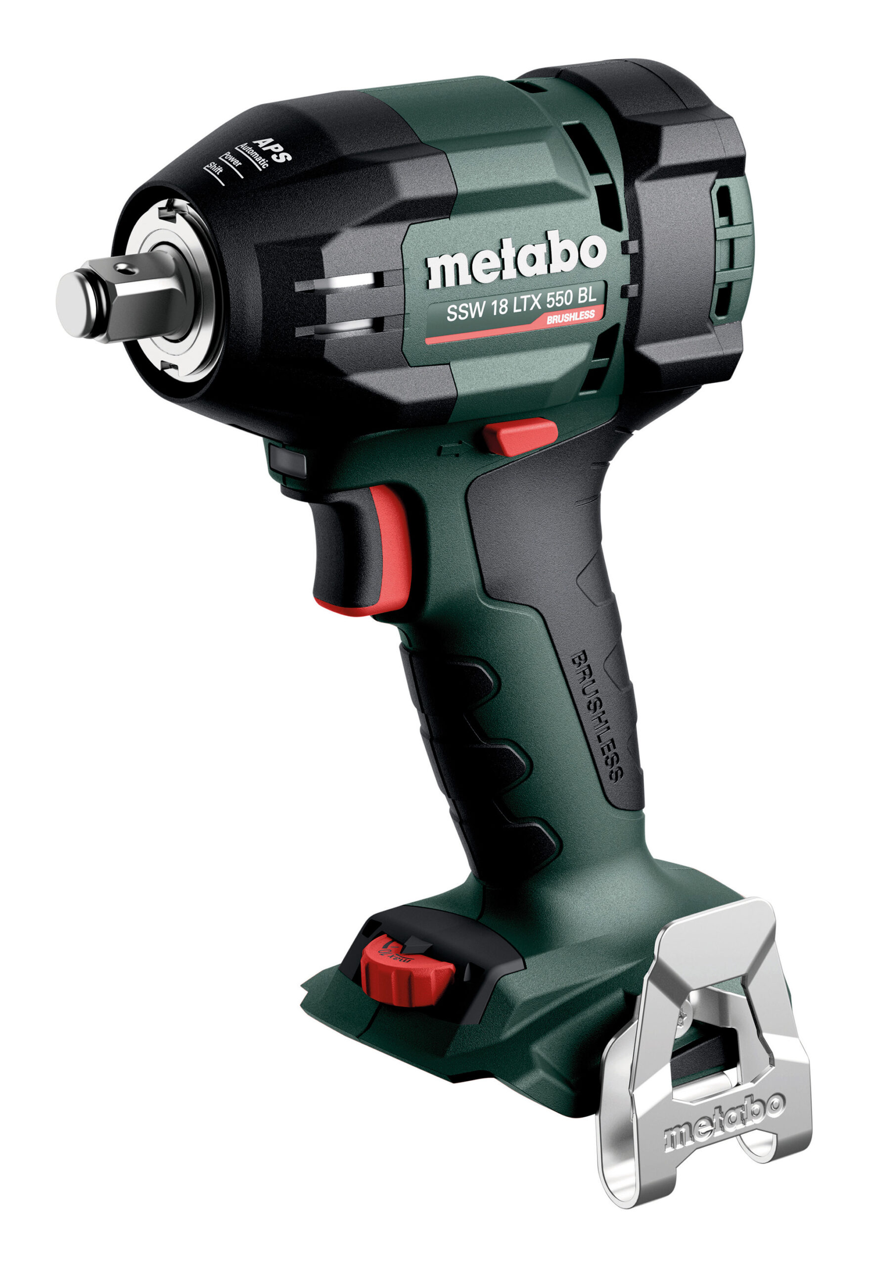 A green and black Metabo cordless impact wrench with a metal belt clip and ergonomic handle, shown without its battery attached.