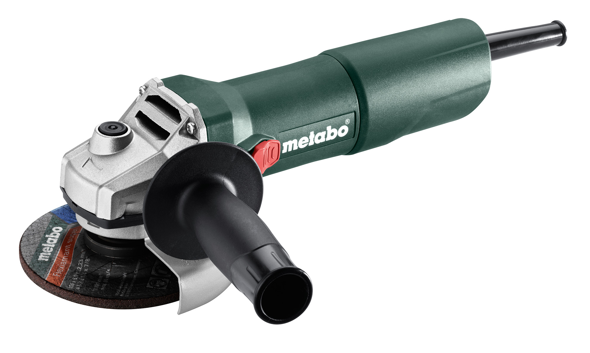 A green and black Metabo angle grinder with a side handle, metal gear housing, and abrasive disc on a white background.