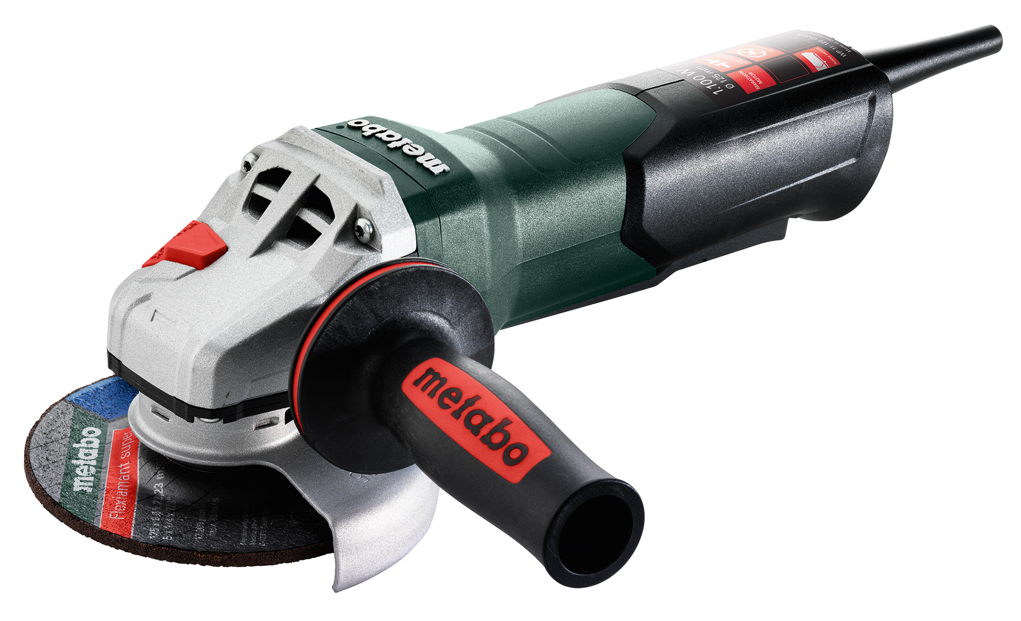 A close-up of a Metabo angle grinder with a side handle and grinding disc on a white background, mainly green and black with red accents.