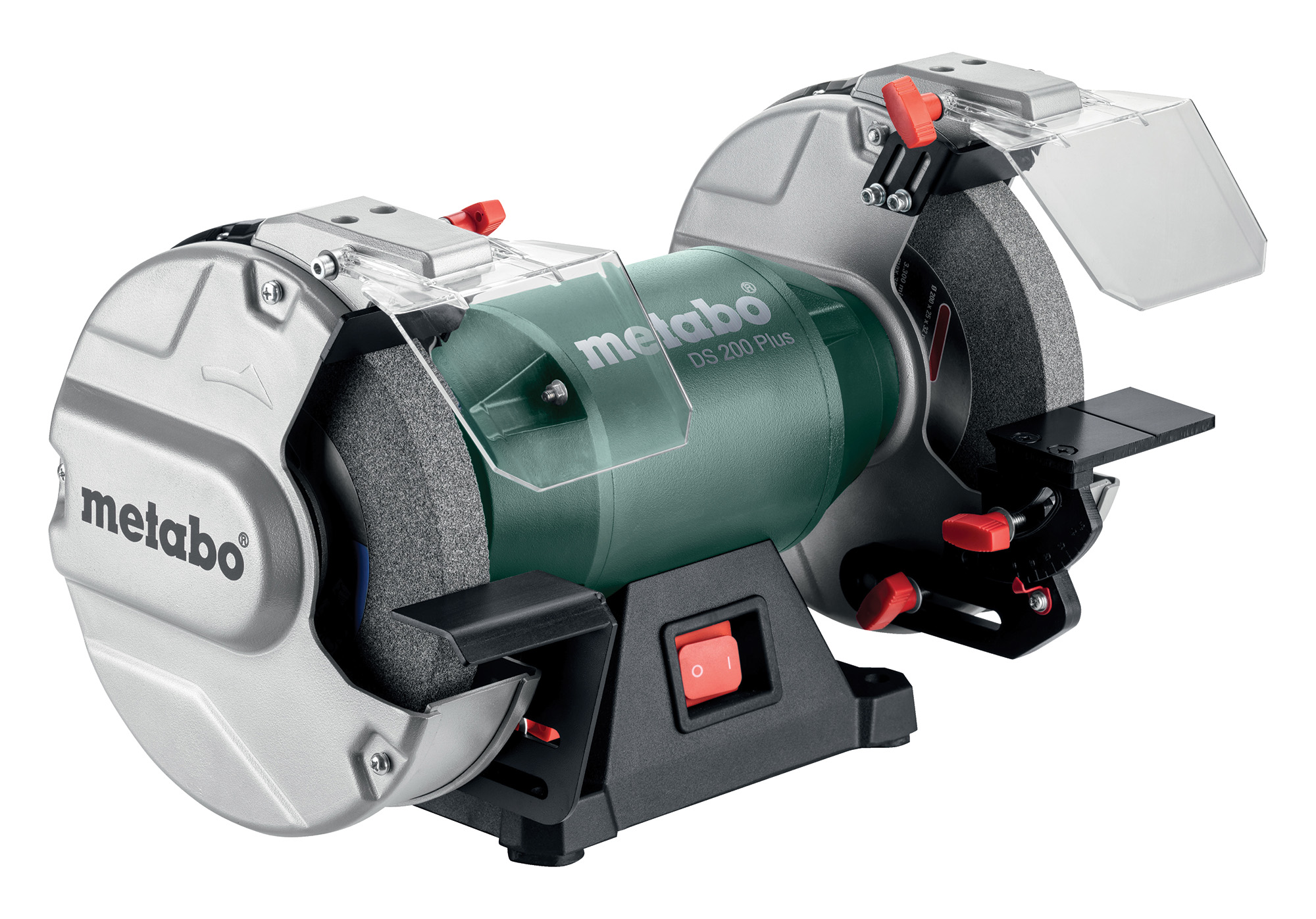 A Metabo DS 200 Plus bench grinder with two grinding wheels, transparent guards, red knobs, and a central switch on a black base.