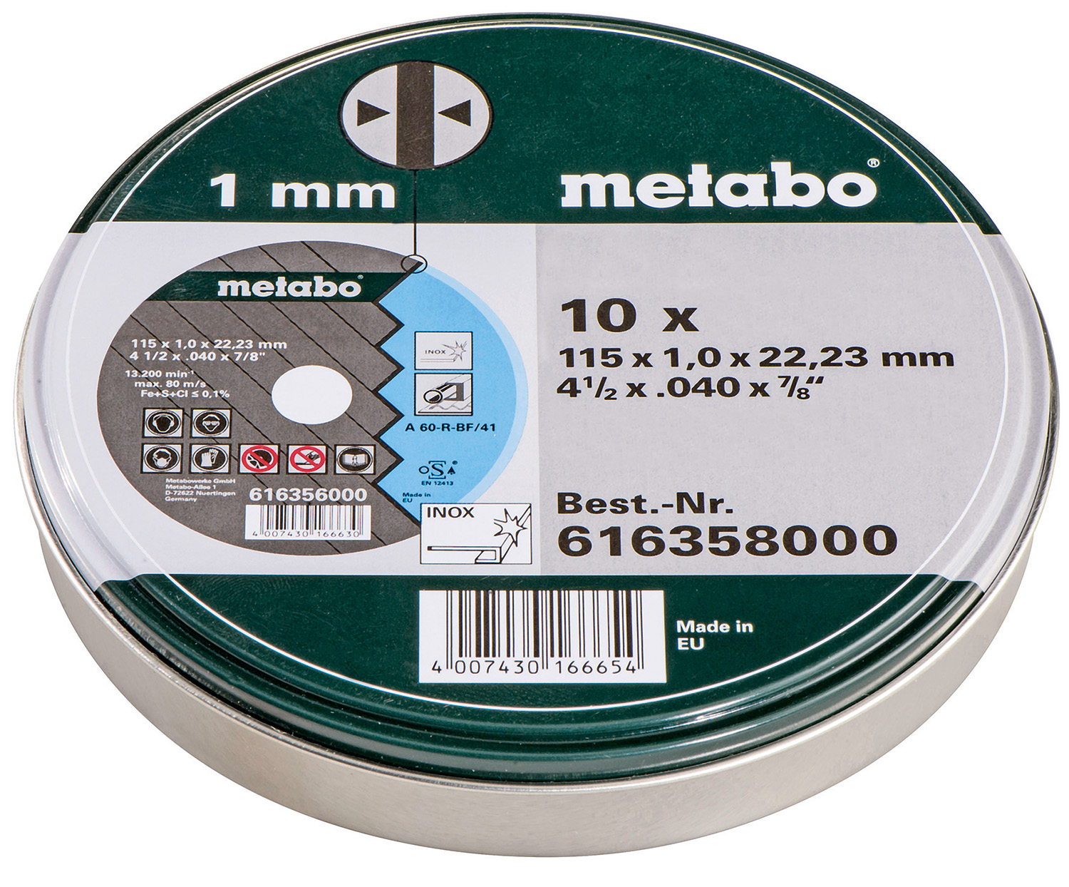 A round tin labeled metabo holds 10 cutting discs, each 115 x 1.0 x 22.23 mm; the label lists product number and EU origin.