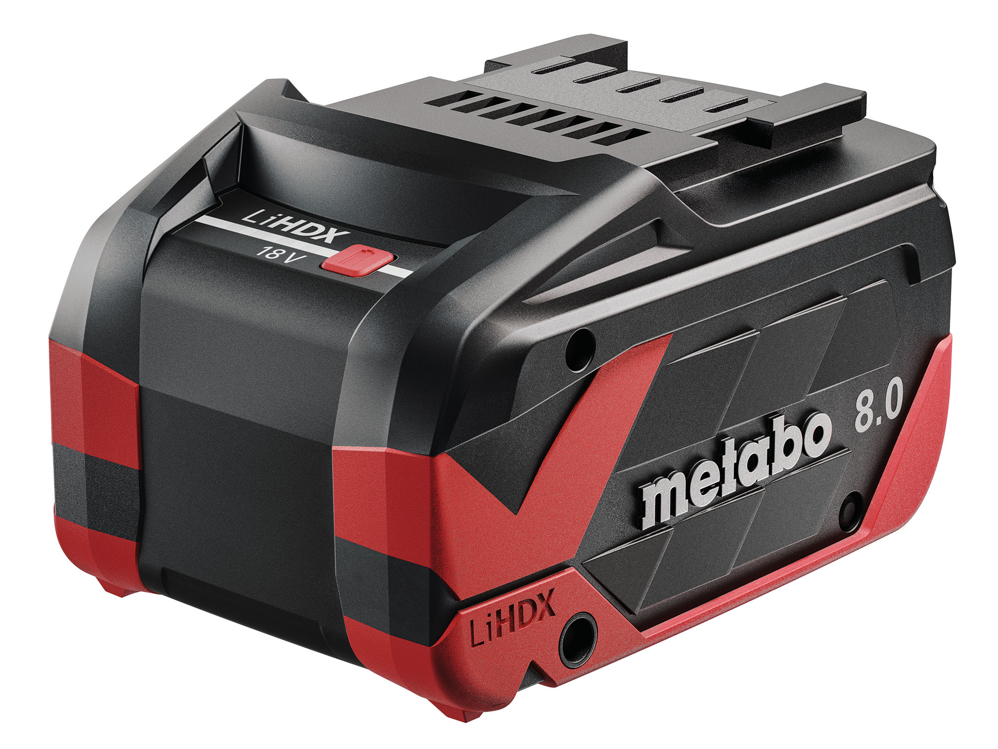 A black and red Metabo LiHD 18V 8.0 Ah battery pack featuring a visible power indicator and branding on the side.