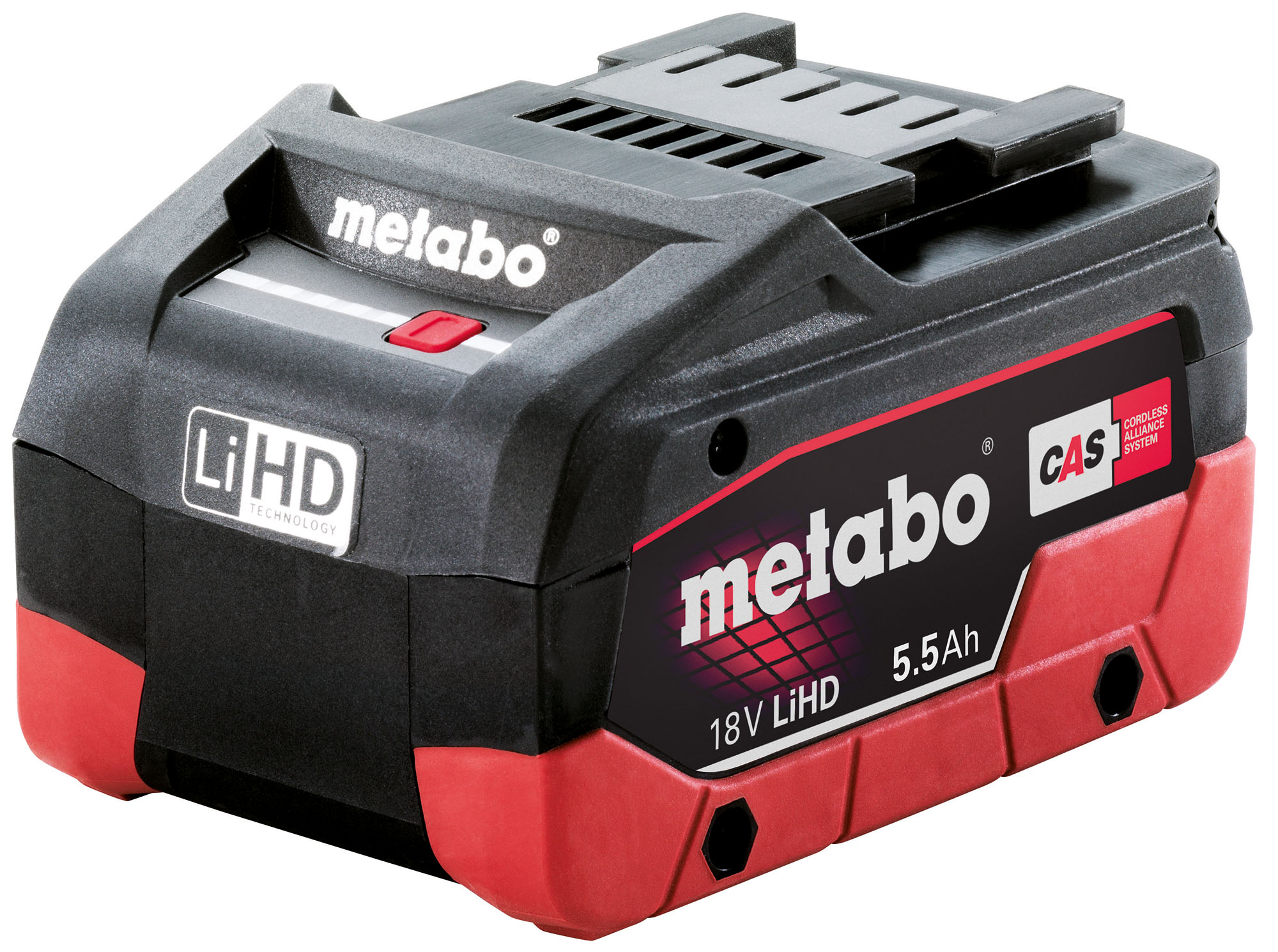 A black and red Metabo 18V LiHD 5.5Ah rechargeable battery pack, designed for power tools.