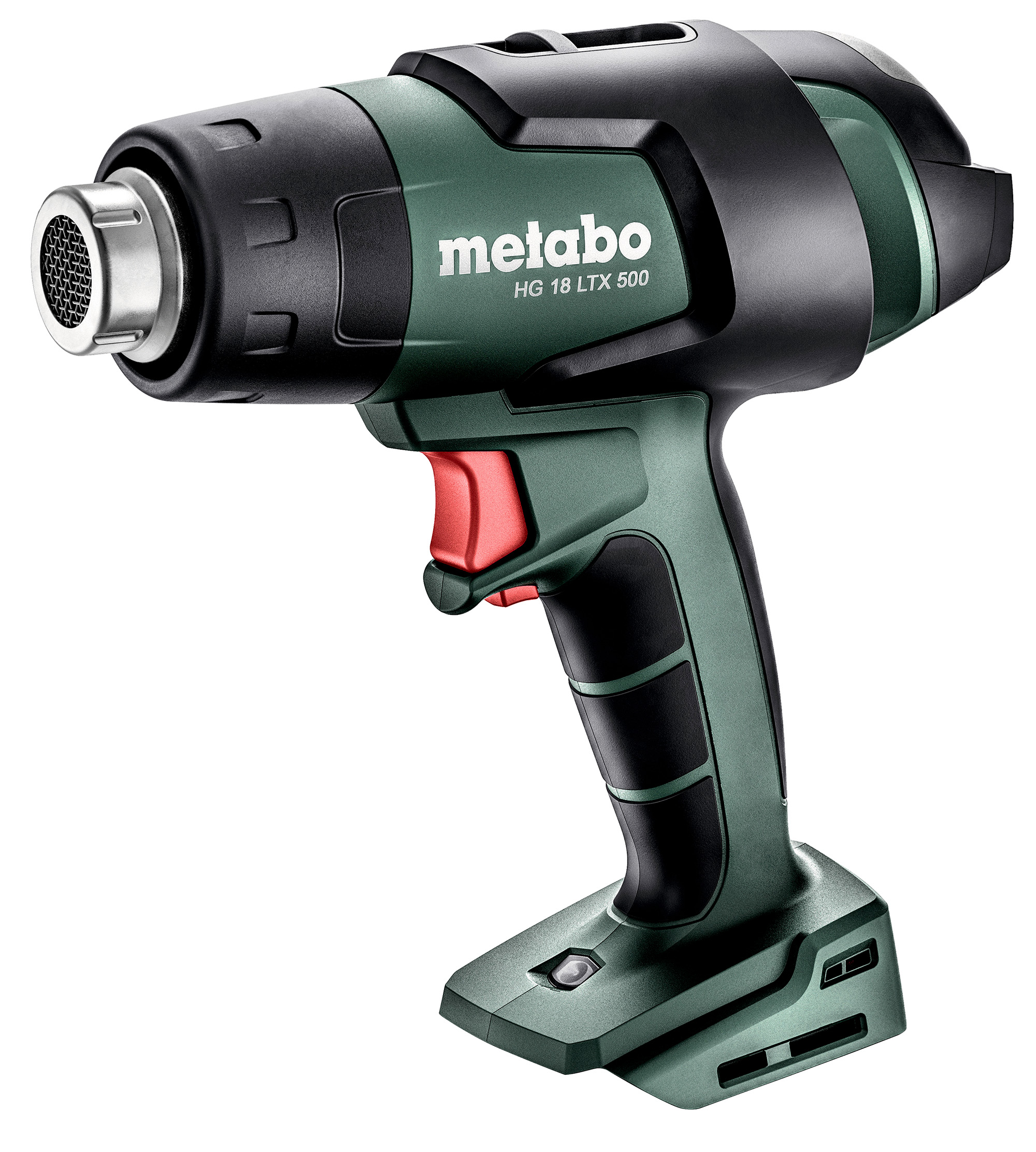 A green and black Metabo HG 18 LTX 500 cordless hot air gun with a red trigger and ergonomic handle on a white background.