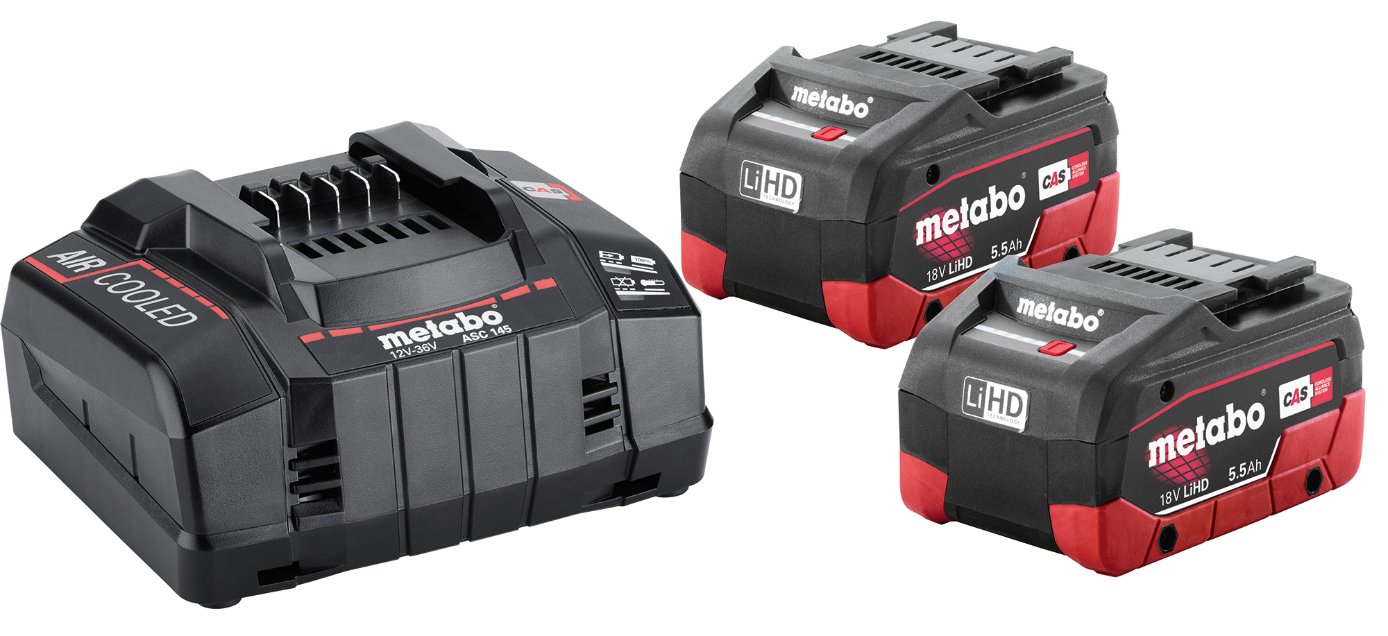 A Metabo battery charger and two Metabo LiHD 18V 5.5Ah black batteries with red accents shown on a white background.