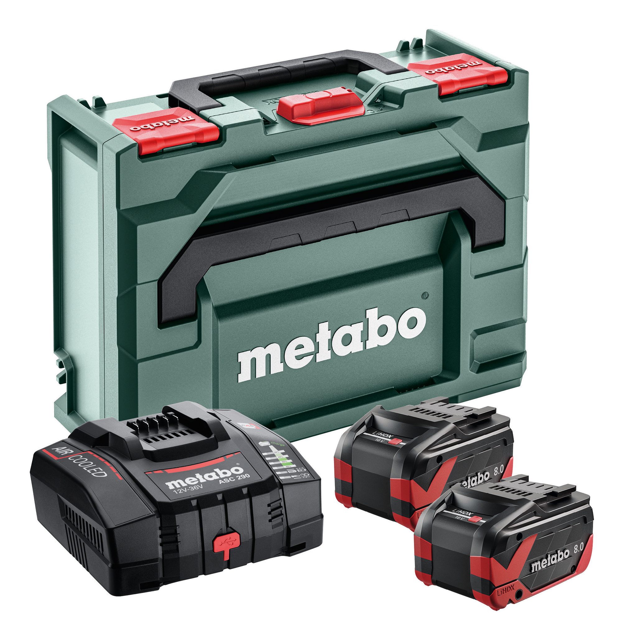 A green Metabo tool case with a handle sits next to a battery charger and two black and red batteries, all featuring the Metabo logo.