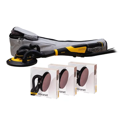 A yellow and black electric sander with a gray carrying bag sits next to three boxes of Abranet sanding discs.