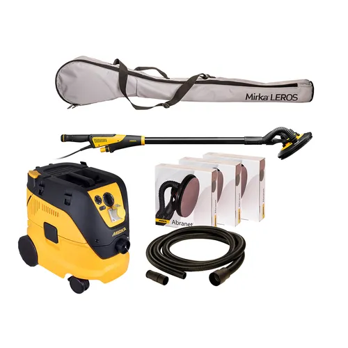 A yellow and black Mirka sanding machine set with a vacuum unit, long-handled sander, sanding discs, hose, and gray carrying bag.