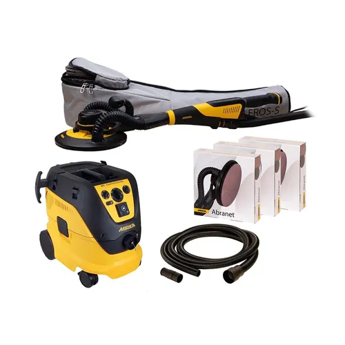 A drywall sanding kit with a yellow and black vacuum sander, long sander with grey dust bag, three boxes of discs, and a black hose.