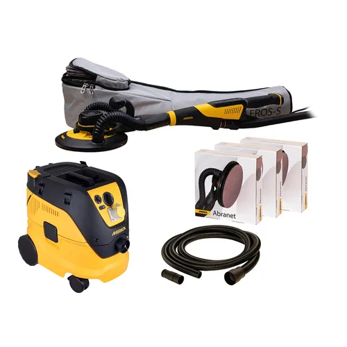 A drywall sanding system with a yellow and black sander, dust bag, vacuum unit, three sanding disc boxes, and a black hose.