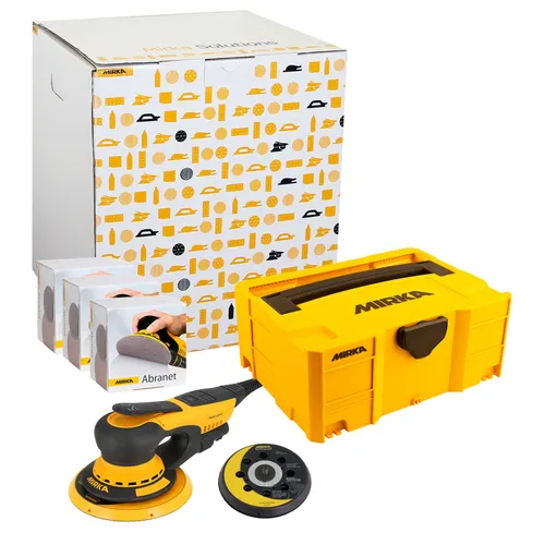 A Mirka sanding kit featuring a yellow sander, sanding discs, a yellow case, several sanding pads, and a white box with graphics.