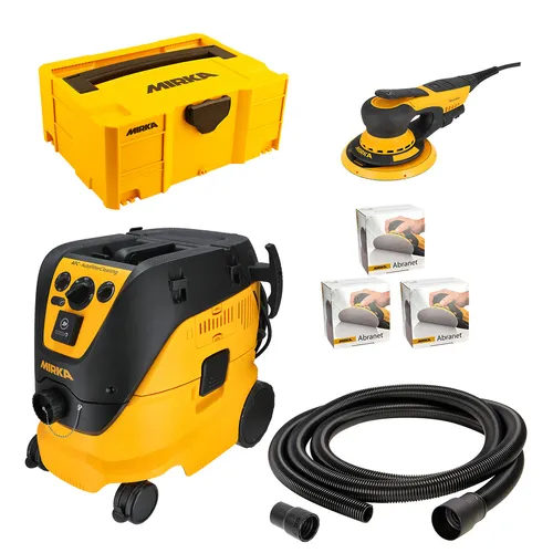 A set of Mirka power tools and accessories, featuring a yellow and black dust extractor, carrying case, sander, sanding discs, and hose.