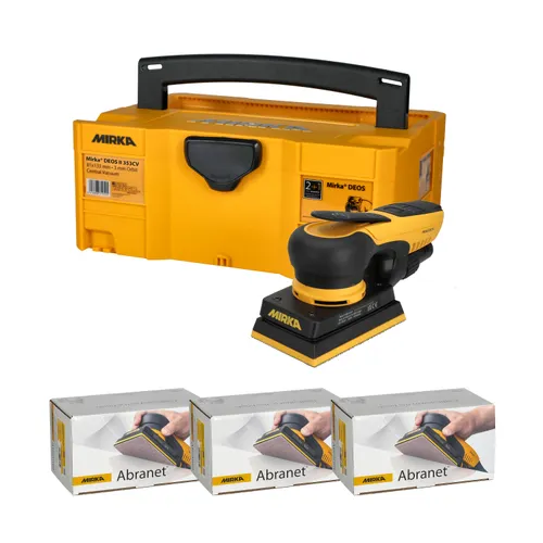 The Mirka DEOS II kit includes a yellow sander with black handle, yellow carrying case, and three boxes of Abranet sanding sheets.