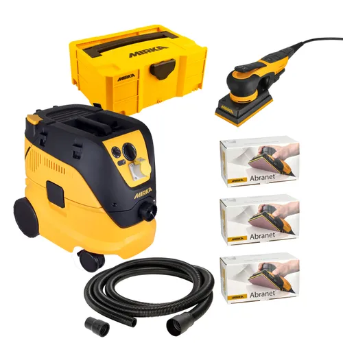 A set of Mirka sanding equipment: yellow and black sander, dust extractor, yellow tool case, hose, and three boxes of Abranet sheets.