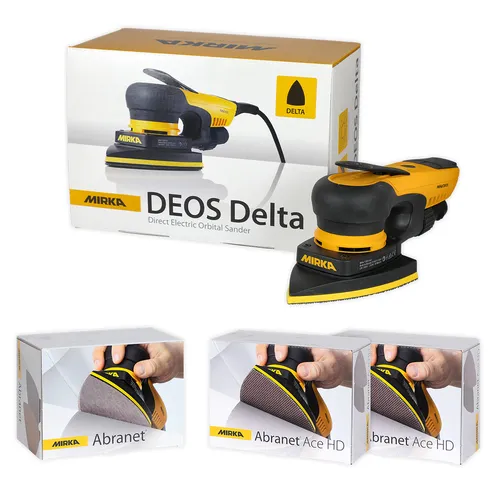 A Mirka DEOS Delta electric orbital sander sits beside its box, with two boxes of Abranet Ace HD sanding sheets shown below.
