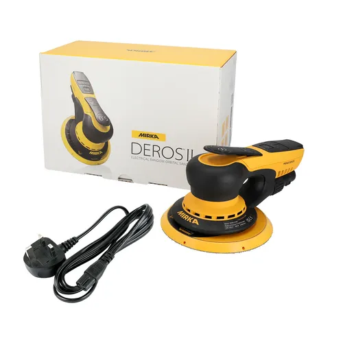 A yellow and black Mirka Deros II electric orbital sander with its power cord and product box in the background.